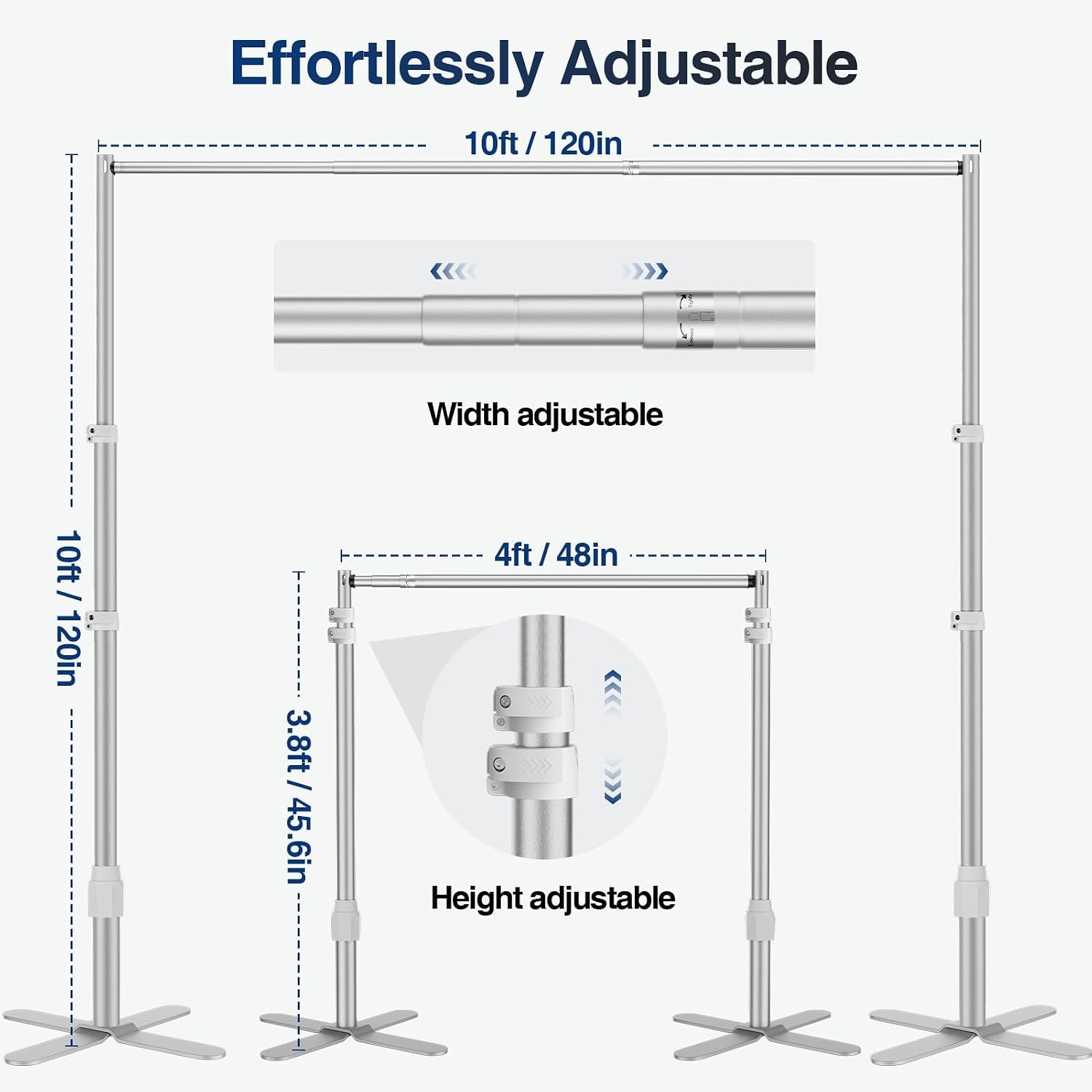 Backdrop stand diagram showing 3.8-to-10-foot height and 4-to-10-foot width adjustment.