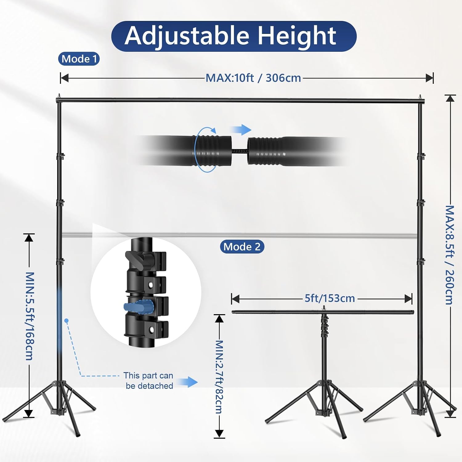 EMART adjustable backdrop stand dimension diagram showing standard and short T-shaped configurations with crossbar and height-lock details.