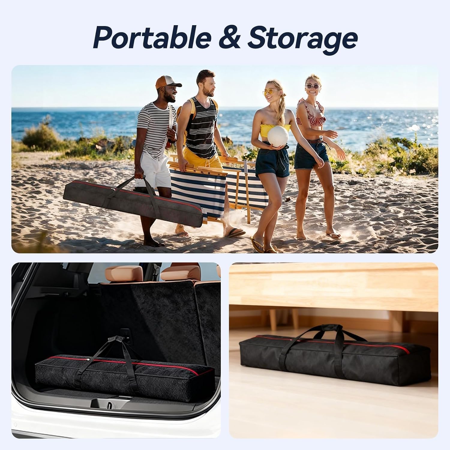Backdrop carrying bag shown on a beach outing, in a car trunk and beneath furniture for storage.