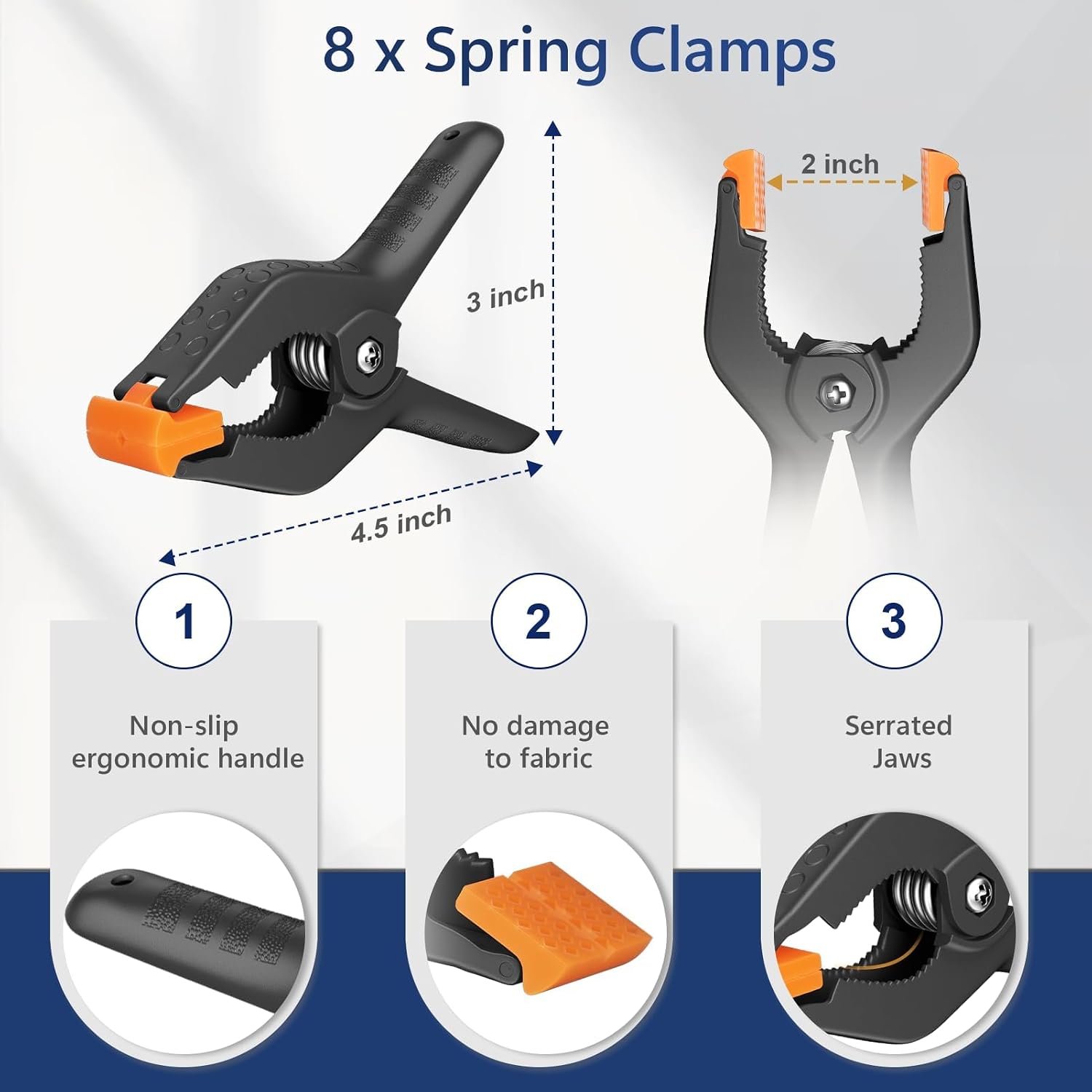 Black backdrop spring clamp diagram showing 4.5-inch length, 2-inch jaw opening and close-ups of orange pads, handle and serrated jaws.
