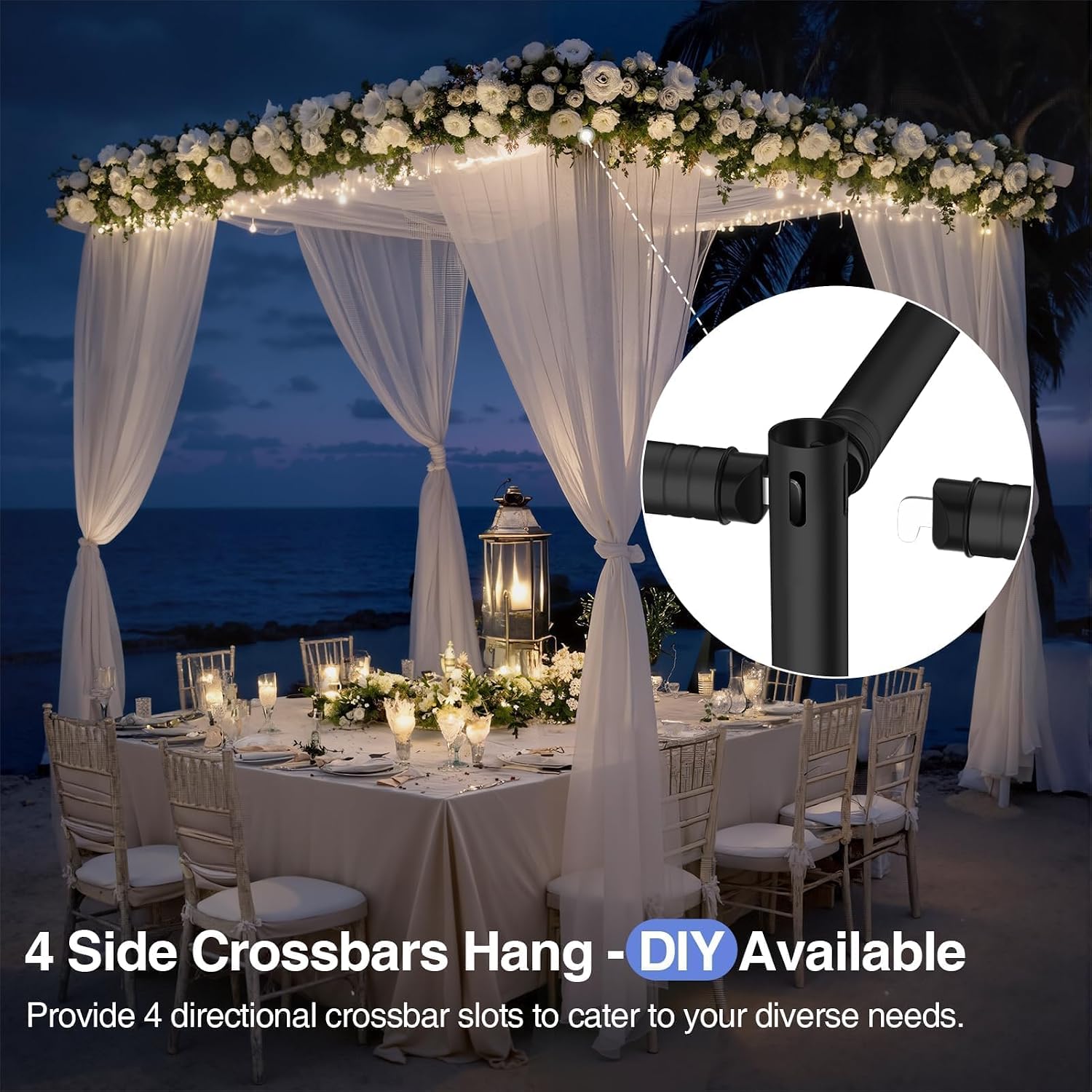 White-draped floral wedding canopy at dusk with a close-up illustrating crossbar connections around an upright.