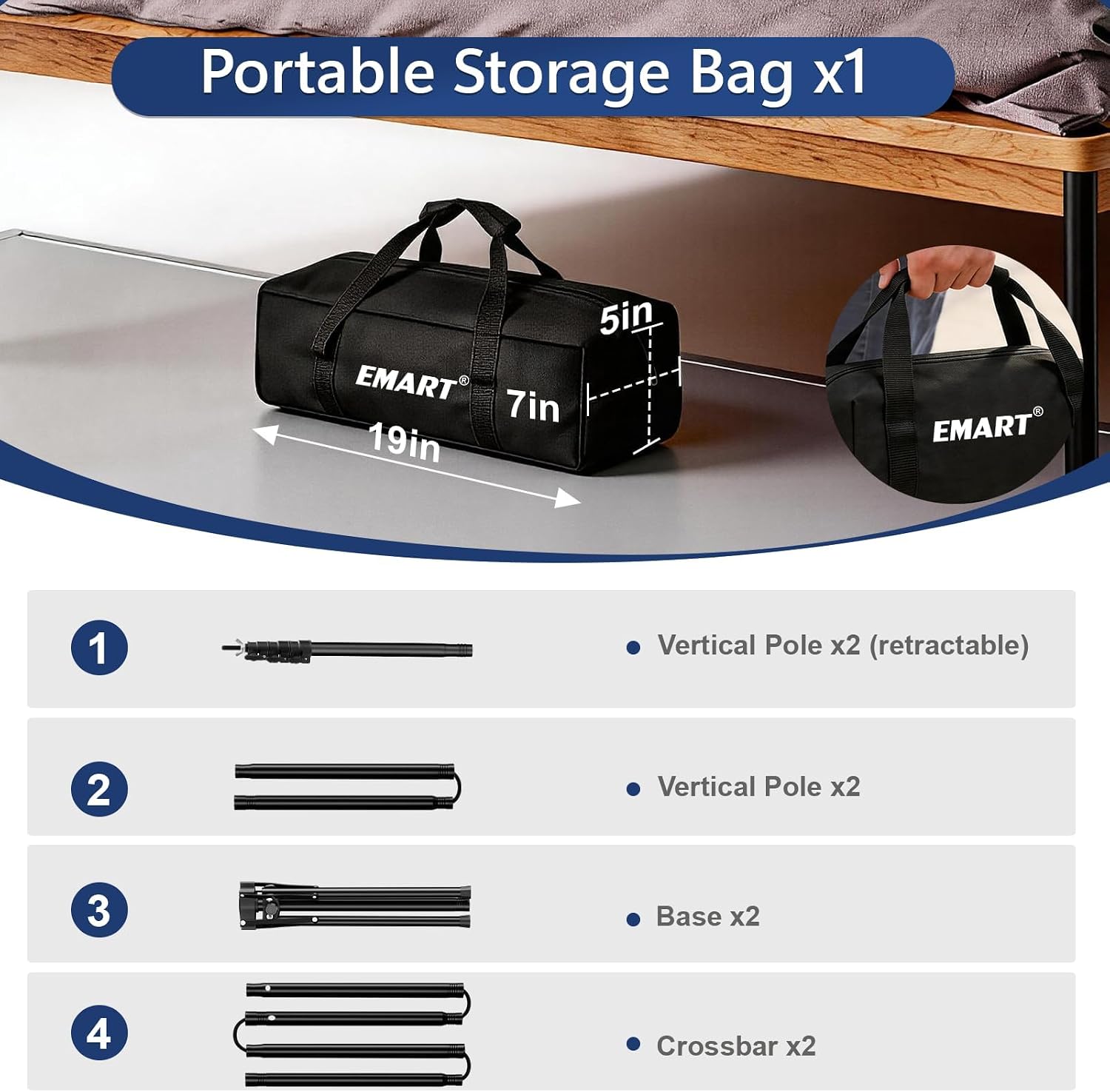 EMART 19 by 7 by 5 inch carrying bag beneath a bed, with an inset carrying view and diagrams of folded stand components.