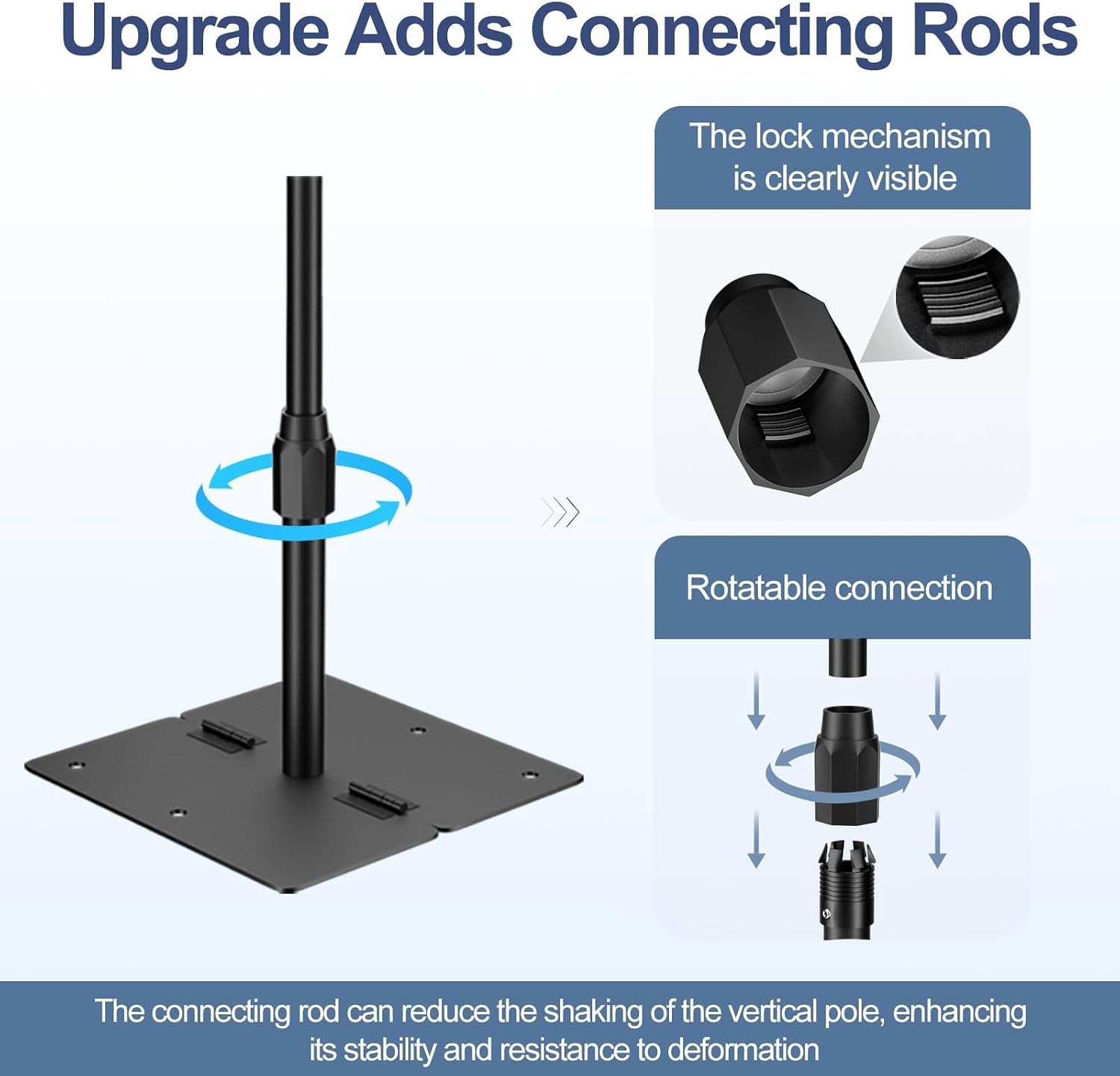 EMART backdrop stand flat base and connecting rod with close-ups of the rotating connector and internal locking mechanism.