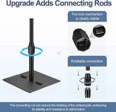 EMART backdrop stand flat base and connecting rod with close-ups of the rotating connector and internal locking mechanism.