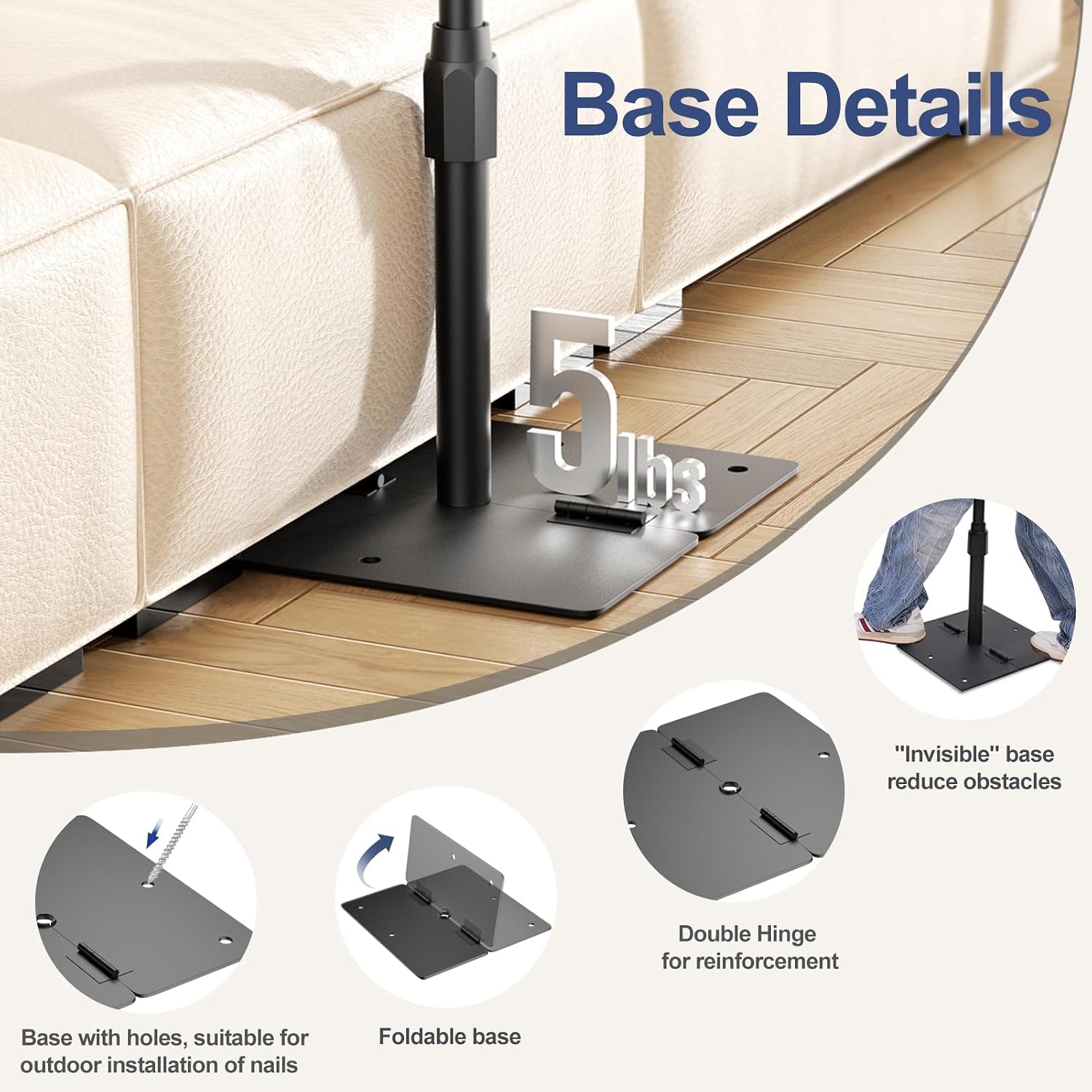 EMART flat-base details showing a low-profile plate beside a sofa, folding hinges, mounting holes and a person stepping over the base.