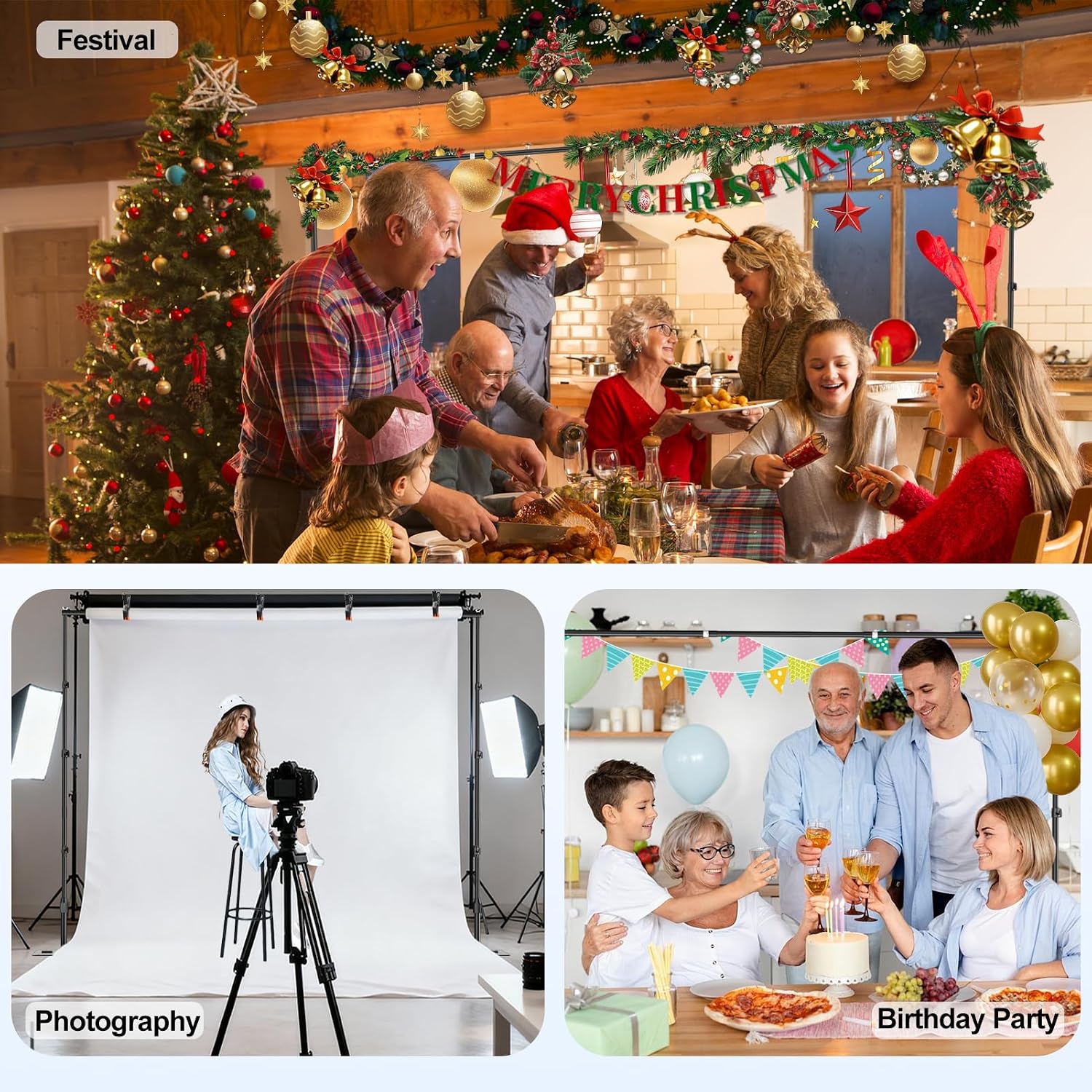 Backdrop stand use examples showing a Christmas gathering, studio portrait setup and family birthday party.