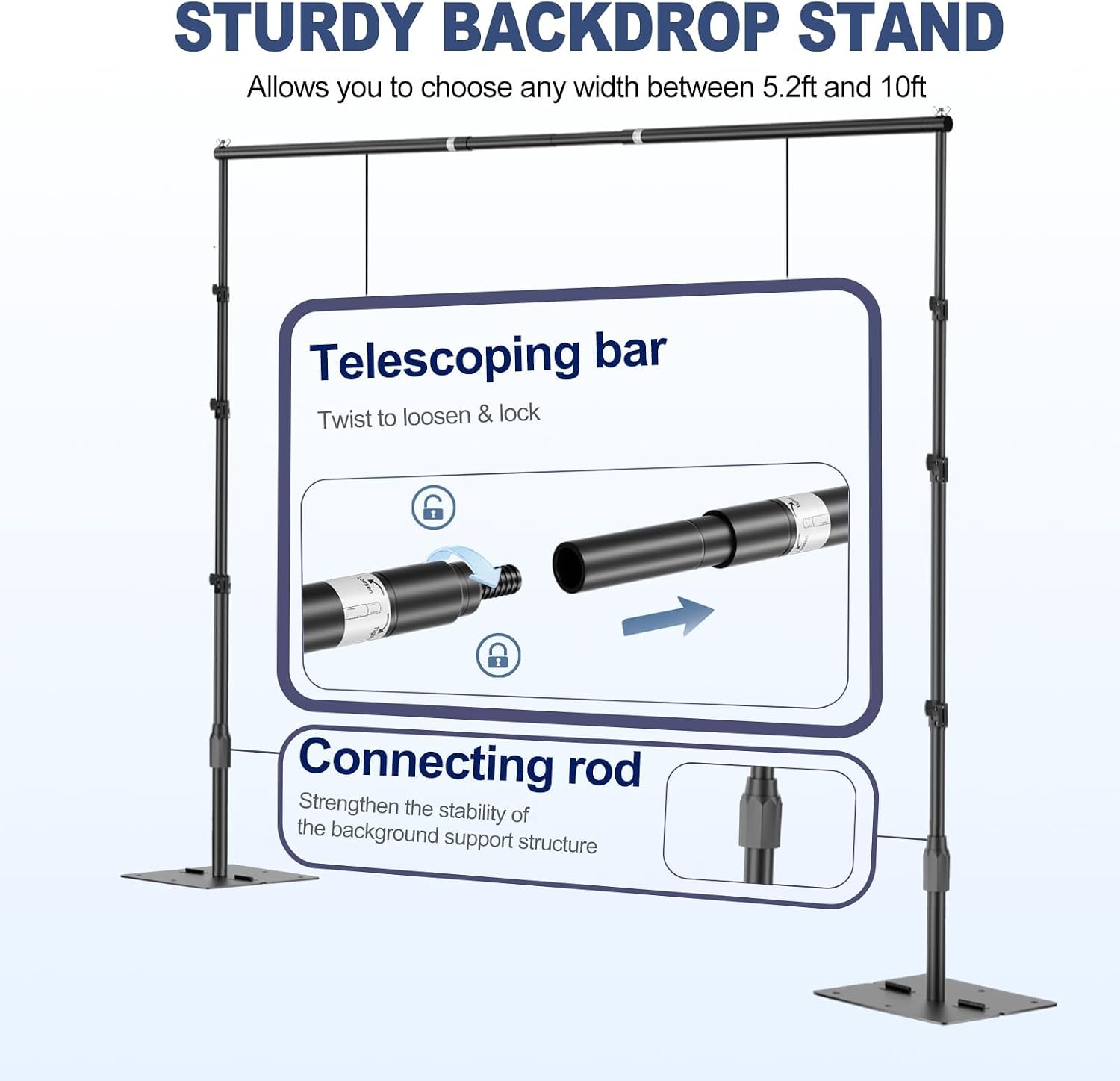 EMART flat-base backdrop stand with close-ups of the twist-lock telescoping crossbar and lower connecting rod.