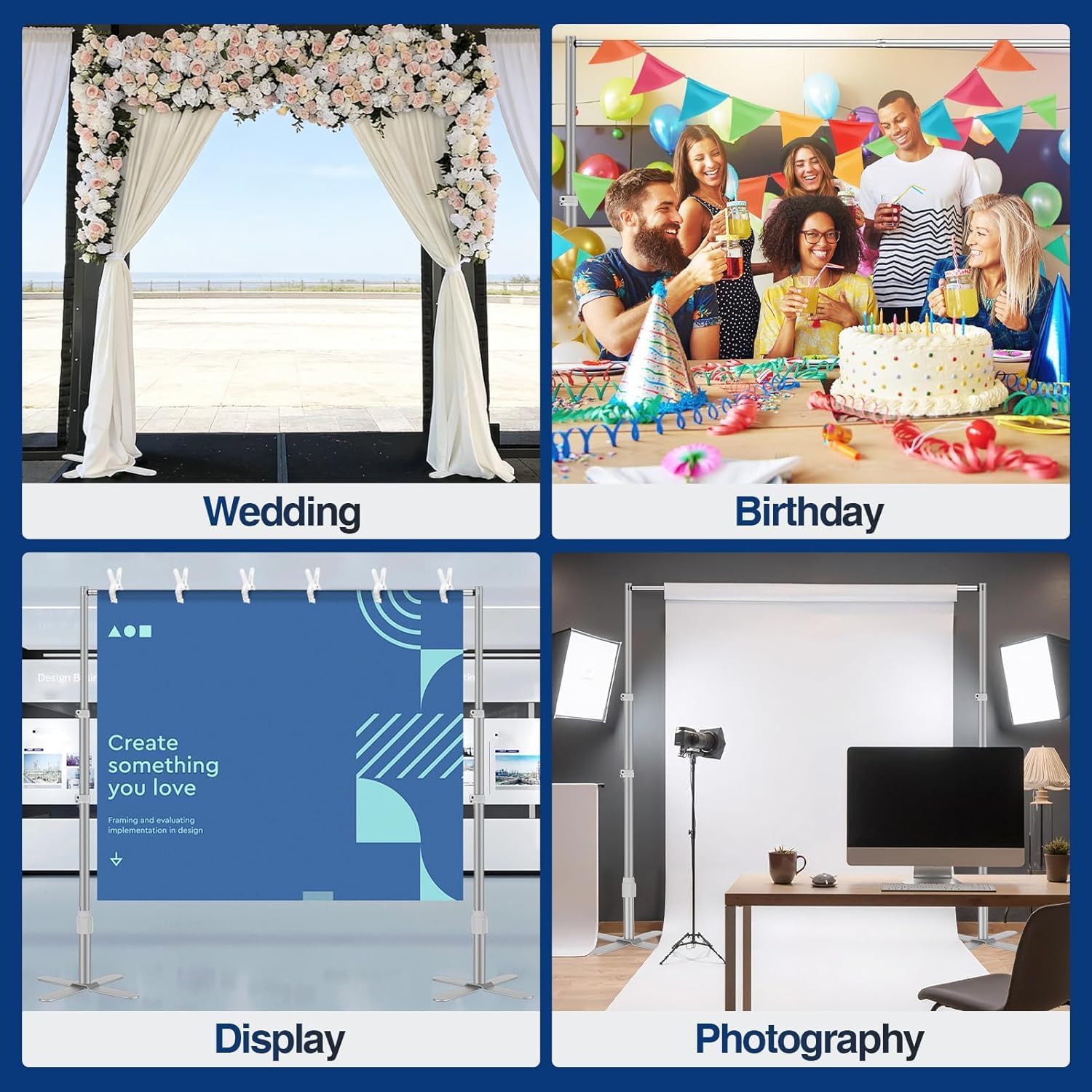 Backdrop stand examples for a floral wedding, birthday party, blue banner display and photography studio.