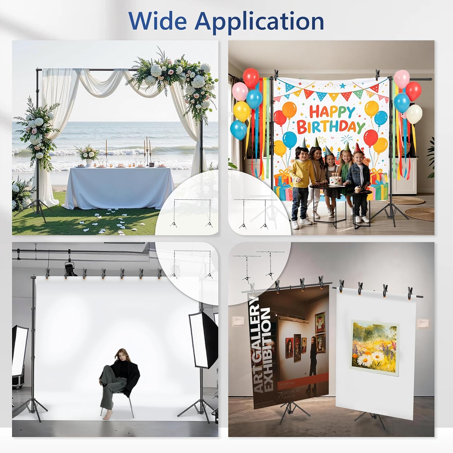 Four backdrop stand applications showing a seaside wedding, birthday party, portrait studio and art gallery poster display.