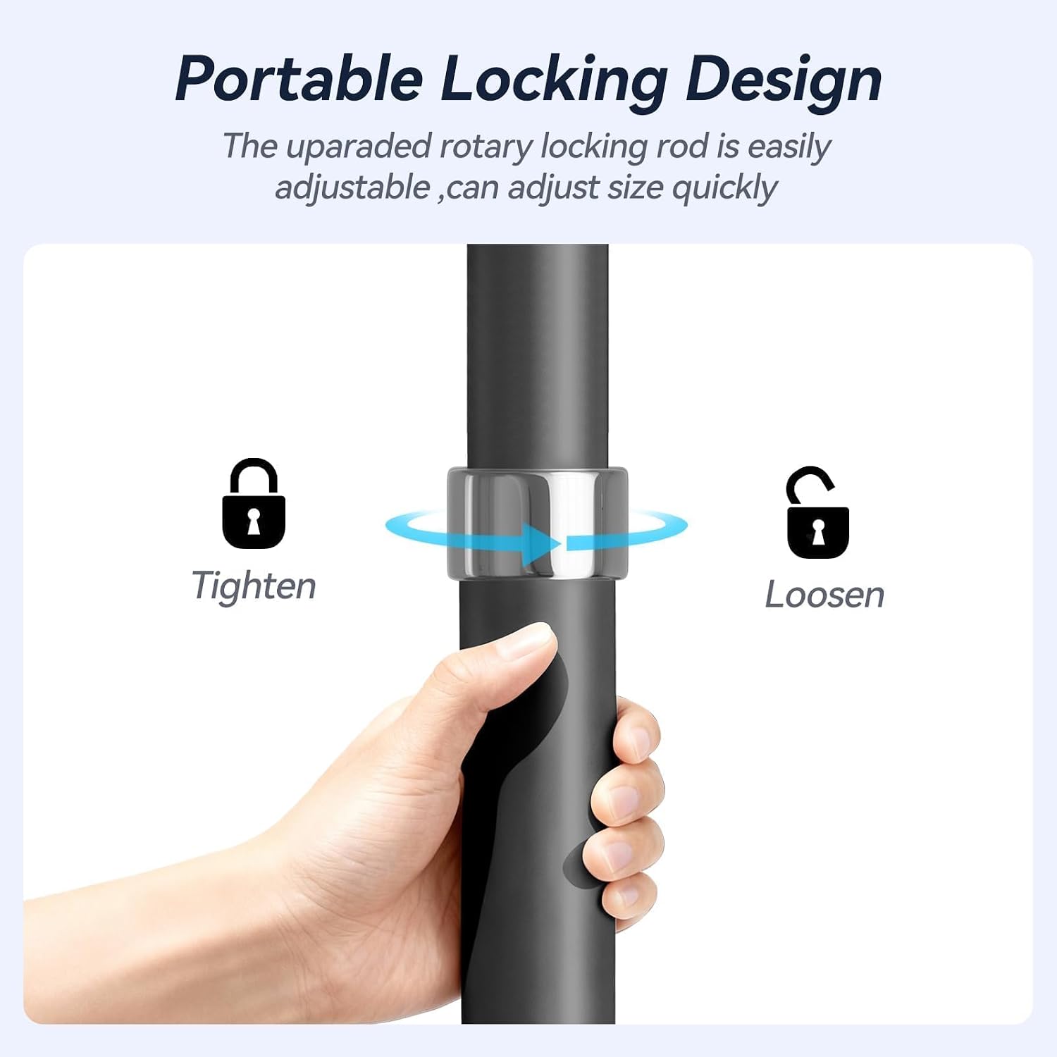 Hand holding a black backdrop upright with a silver rotary locking collar and tighten and loosen symbols.