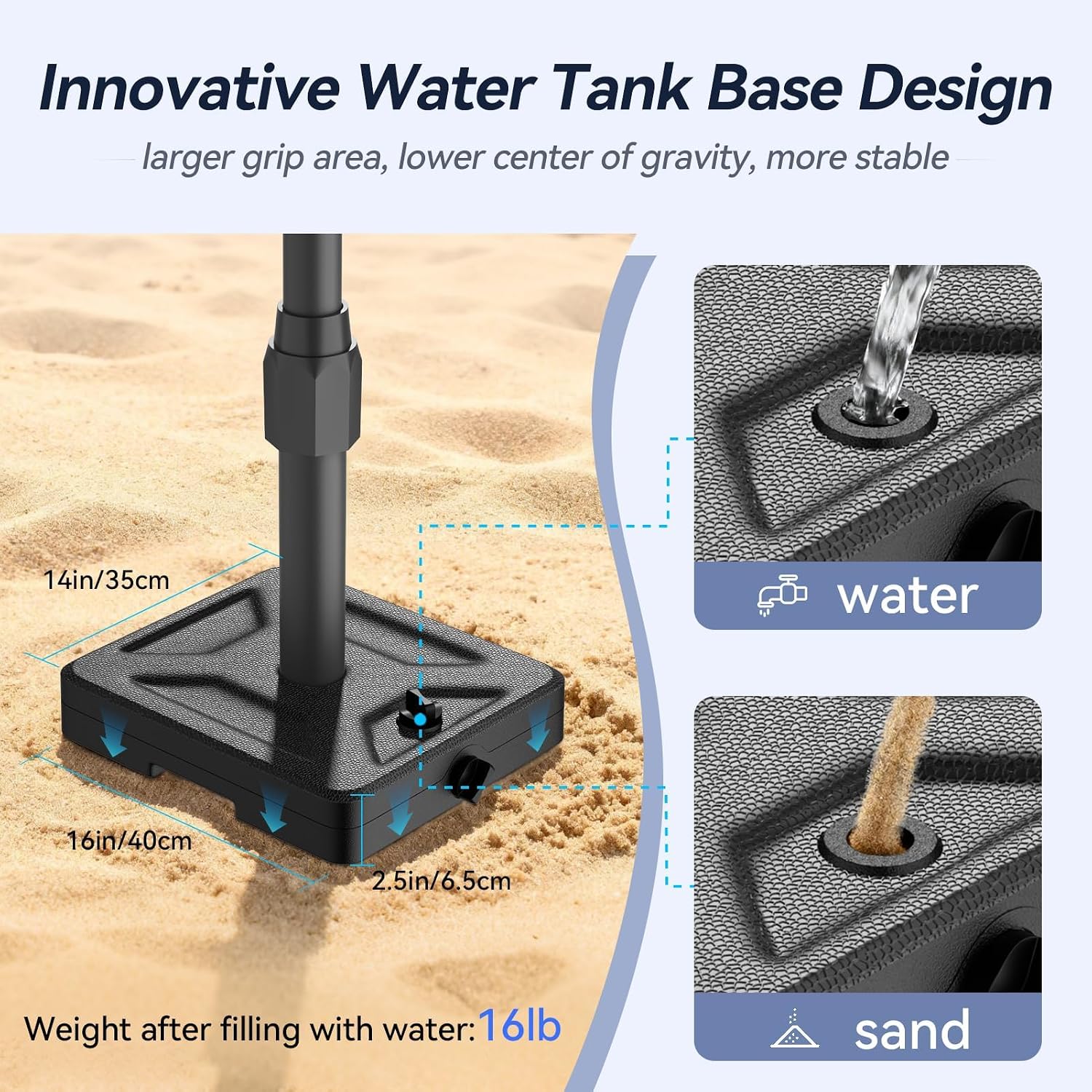 Water tank backdrop base dimension diagram with close-ups showing water and sand poured into its filling opening.