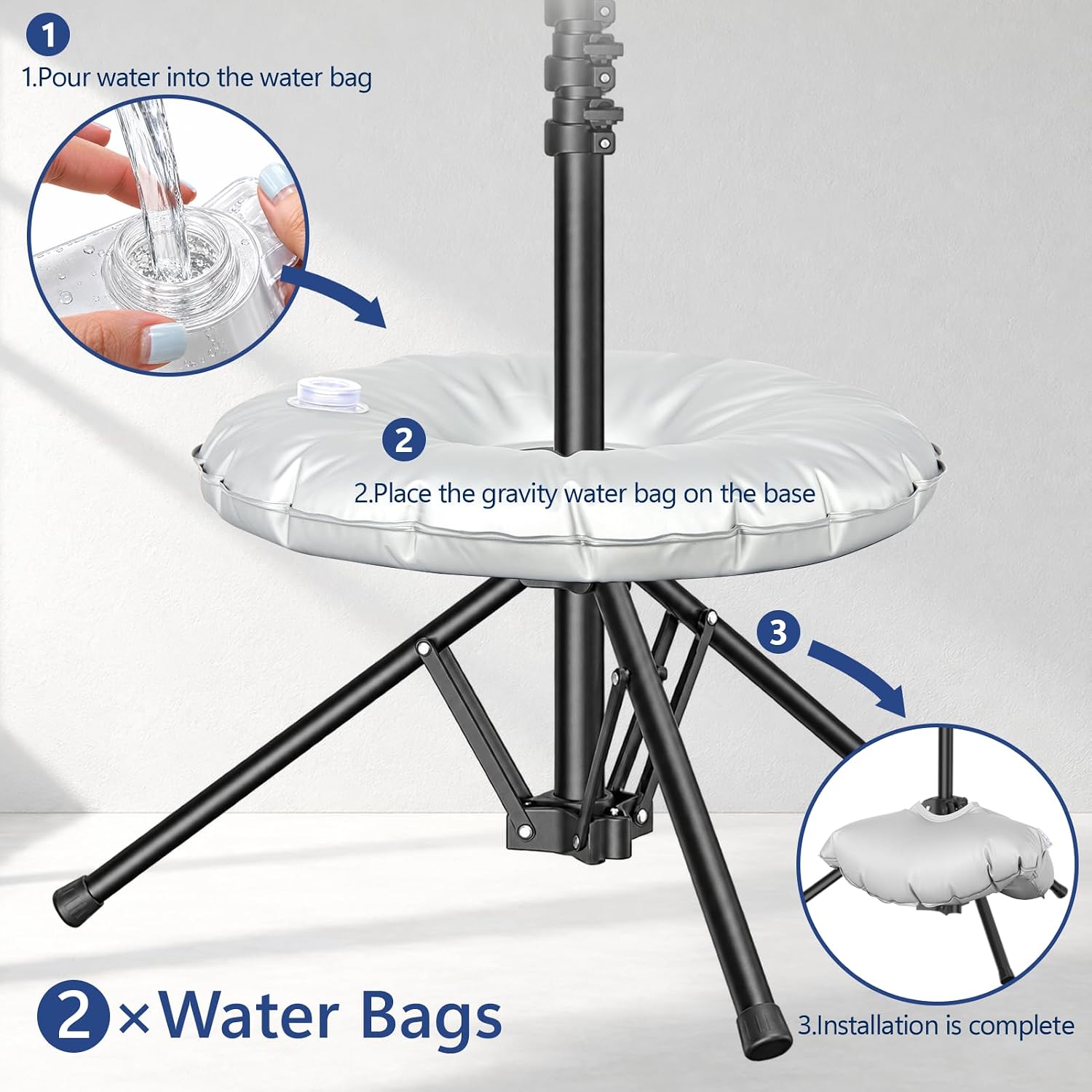 Three-step guide showing a water weight bag being filled and fitted around an EMART backdrop tripod base.