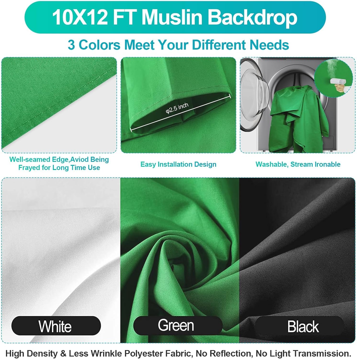 6x9 FT Muslin Backdrop with green fabric, washing machine, and text detailing features.