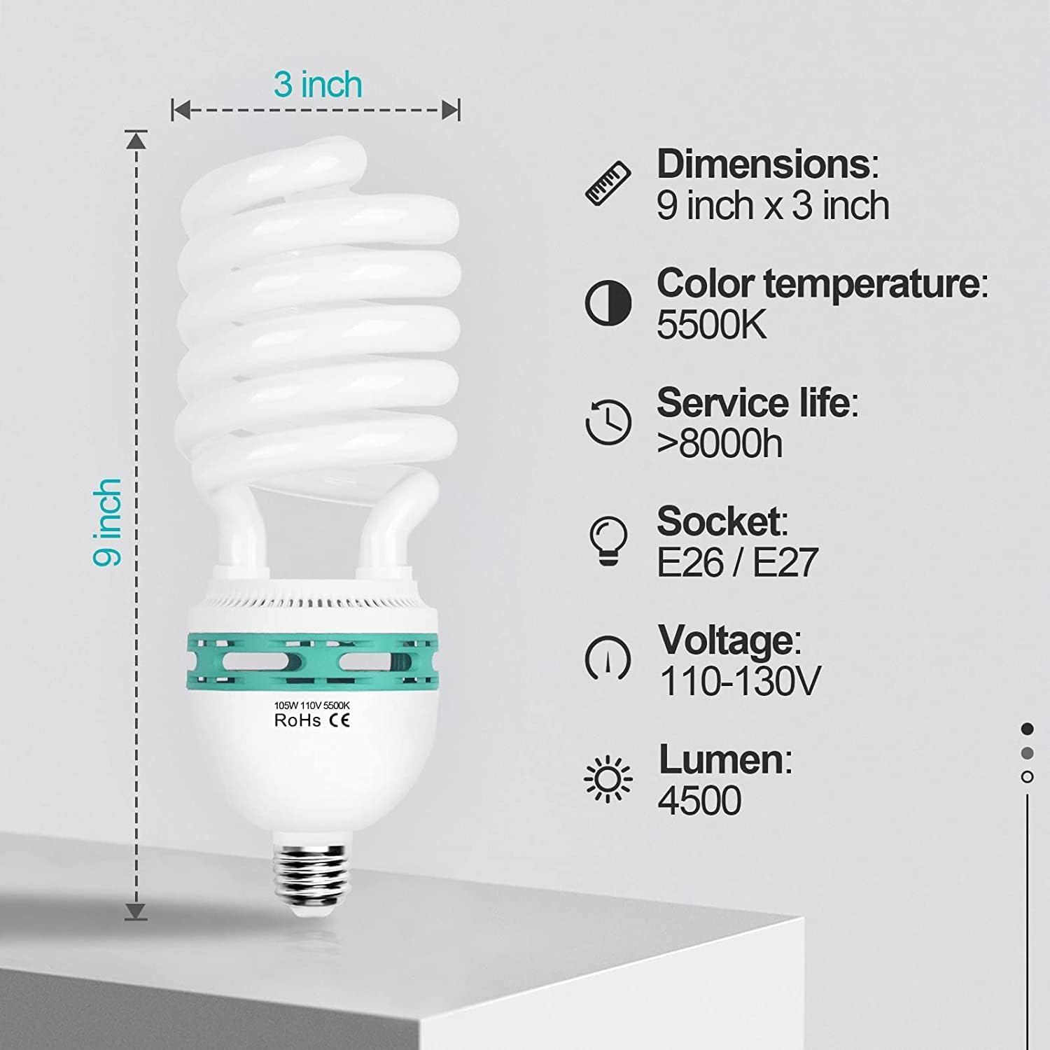 EMART spiral CFL bulb with a 9 by 3 inch dimension diagram and specifications including 5500K and E26/E27 socket size.