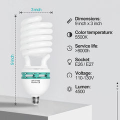 EMART spiral CFL bulb with a 9 by 3 inch dimension diagram and specifications including 5500K and E26/E27 socket size.