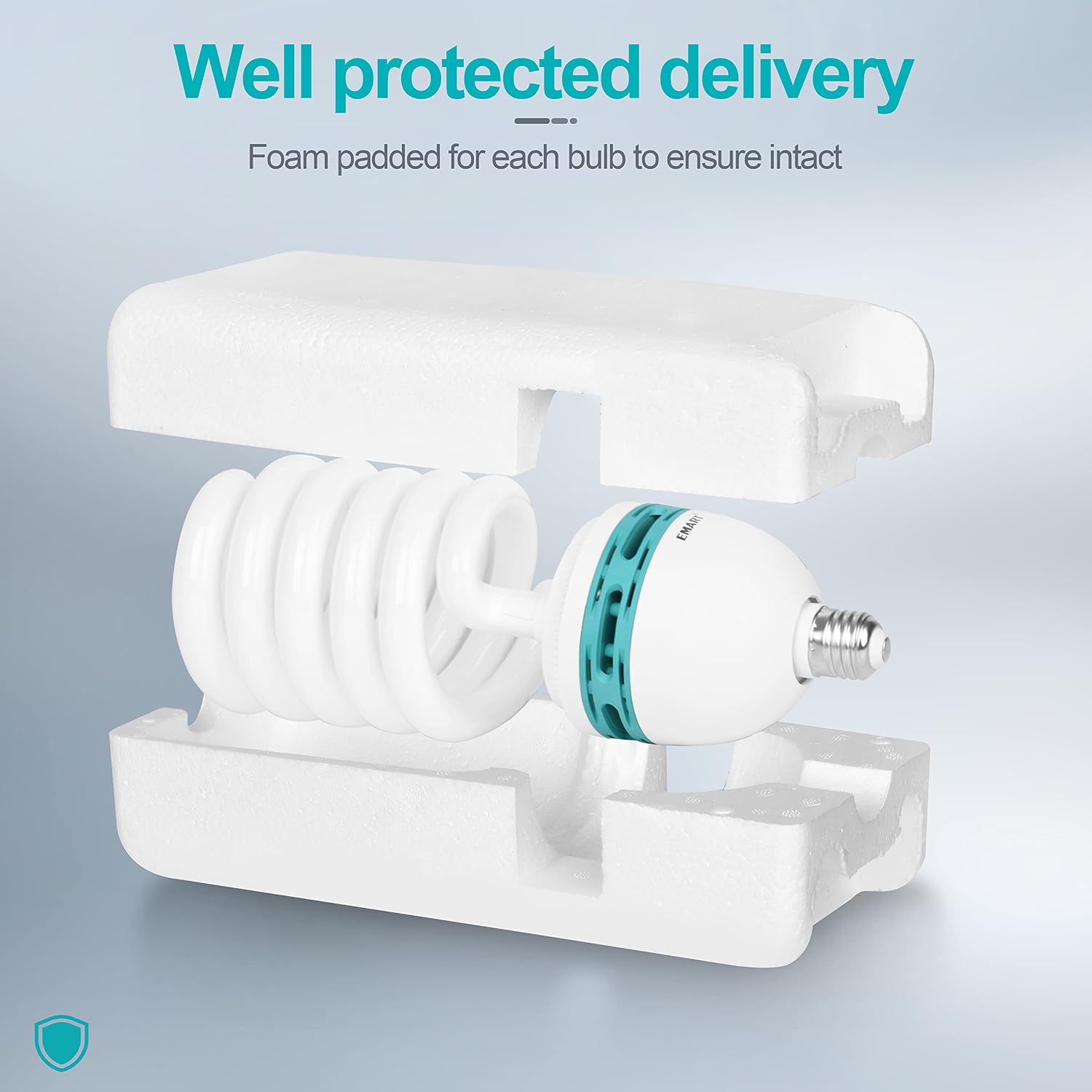 EMART spiral CFL photography bulb nestled between two molded protective foam inserts.