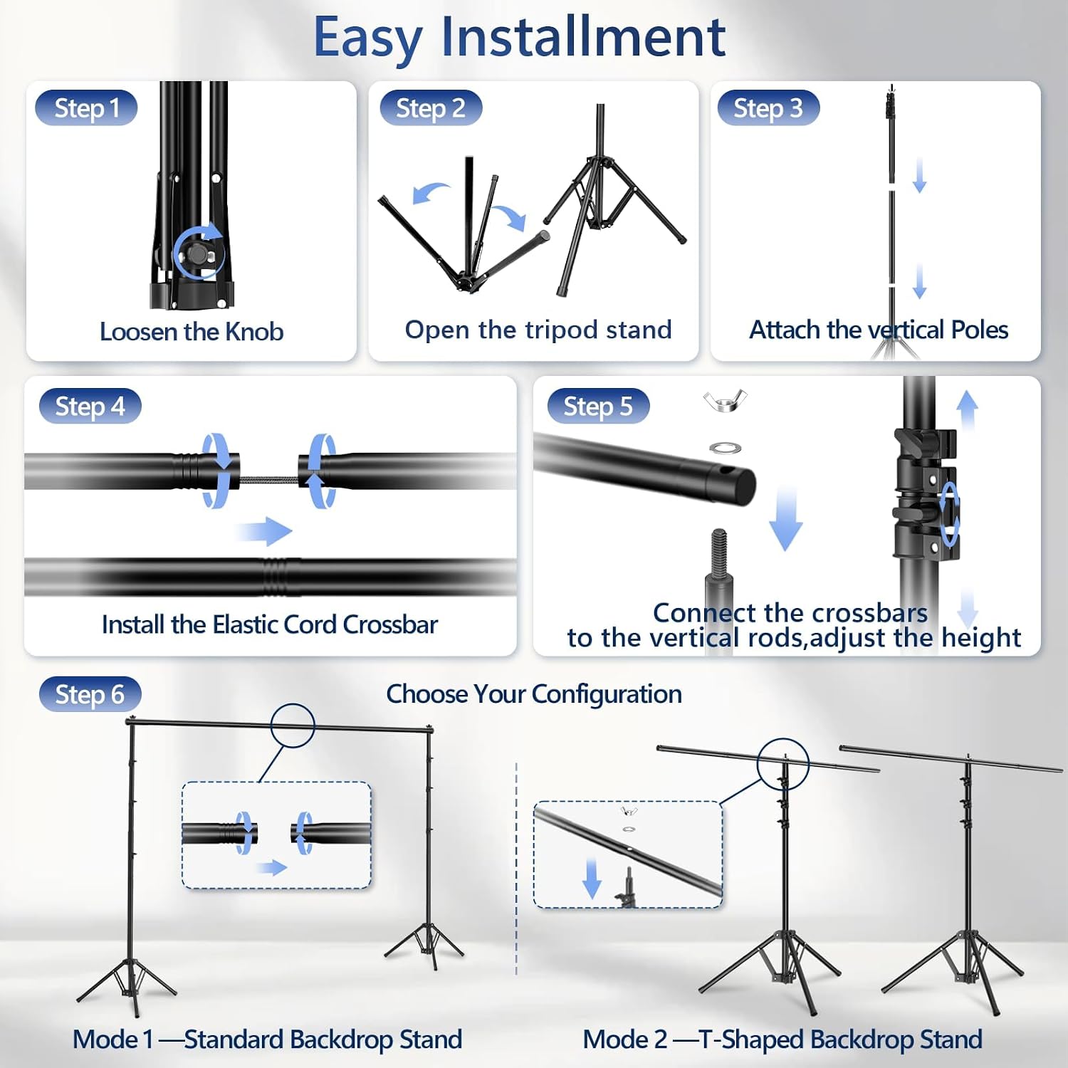 Six-step assembly guide for EMART standard and T-shaped backdrop stands, including tripod opening, crossbar connection and height adjustment.