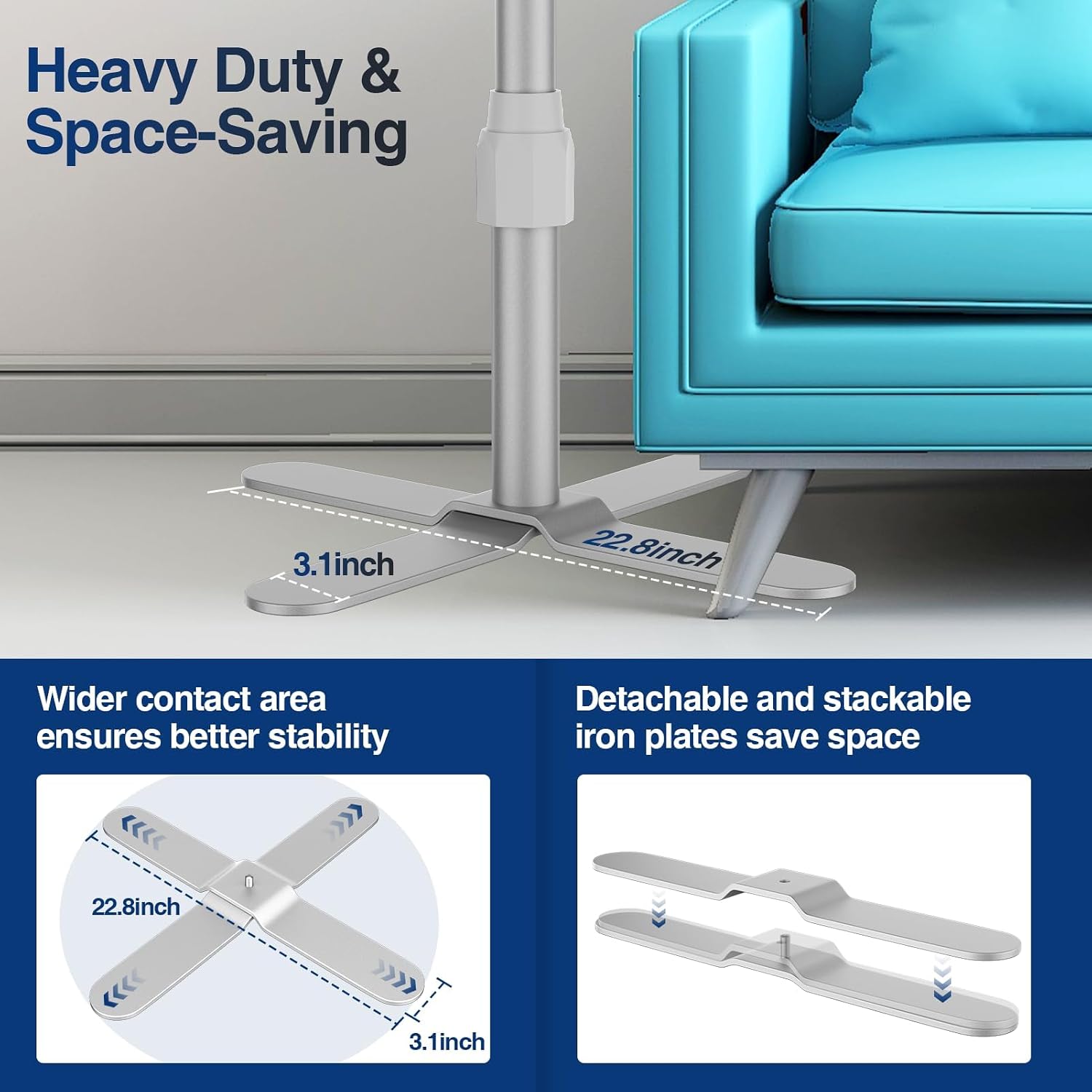 Backdrop stand X-shaped base beside a sofa, with 22.8-inch plate length and detachable stacking details.