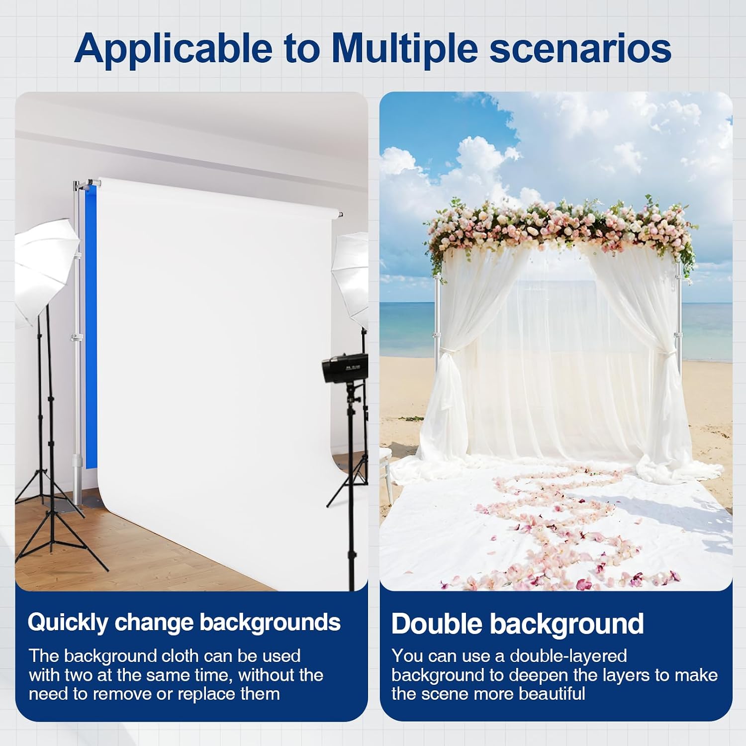 Double-backdrop stand shown with photography backgrounds in a studio and layered white drapes at a beach wedding.