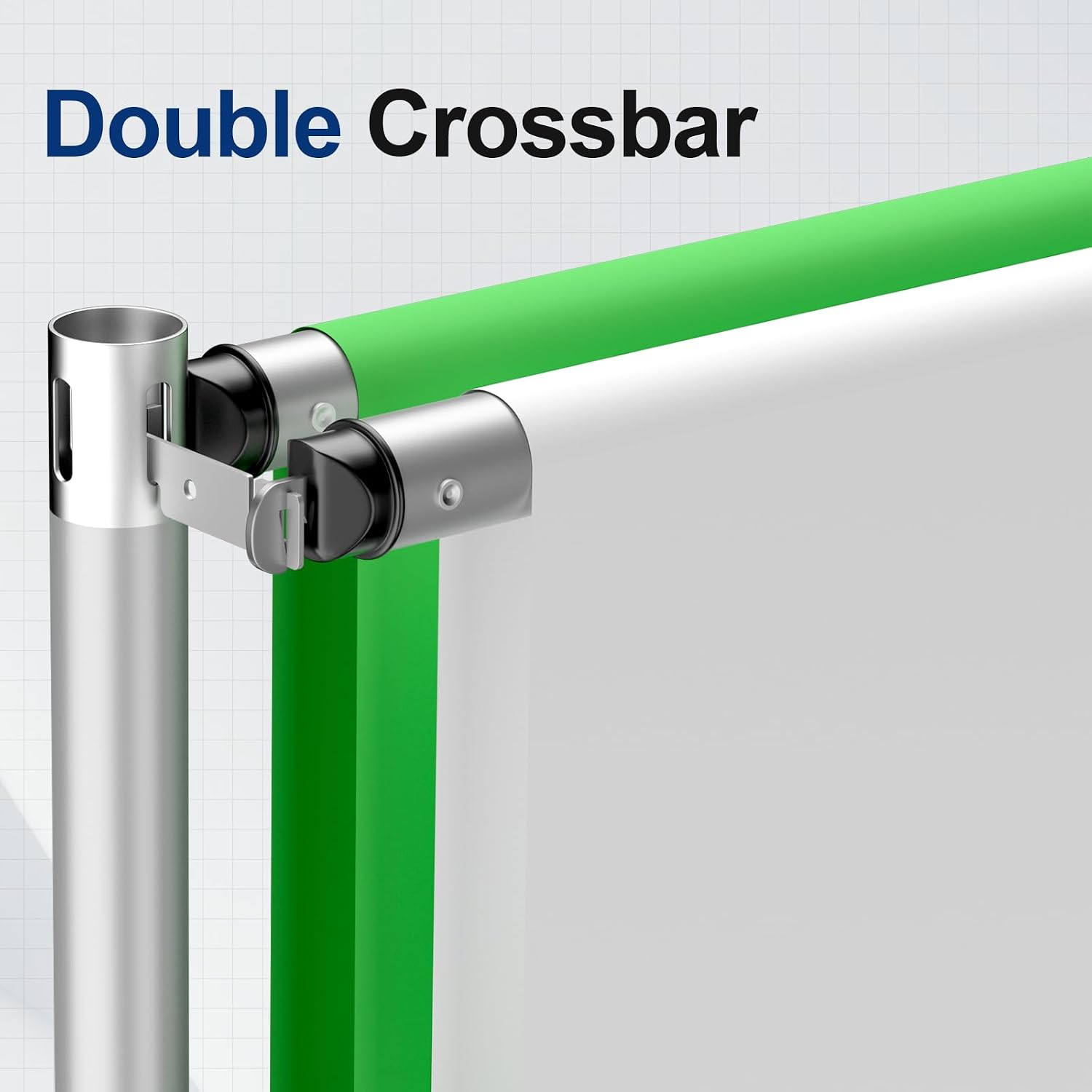 Close-up of two crossbars mounted on a backdrop stand hanger, holding green and white backdrops.