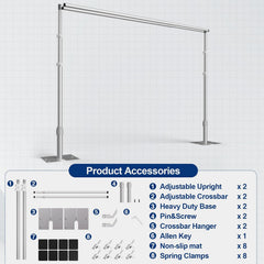 Double-crossbar backdrop stand with a parts diagram of uprights, bases, hangers, clamps and assembly hardware.