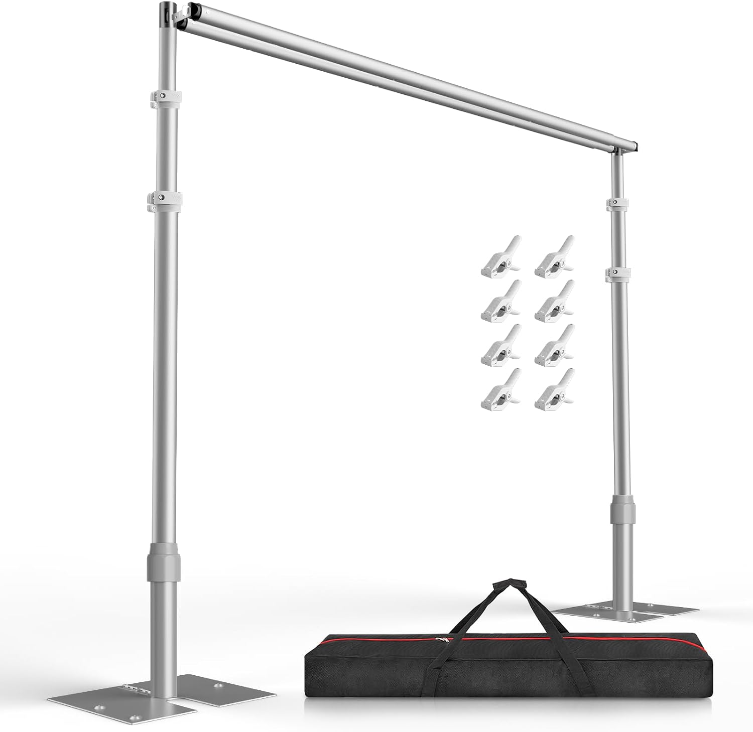 EMART silver double-crossbar backdrop stand with flat bases, eight white clamps and a black carrying bag.