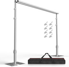EMART silver double-crossbar backdrop stand with flat bases, eight white clamps and a black carrying bag.
