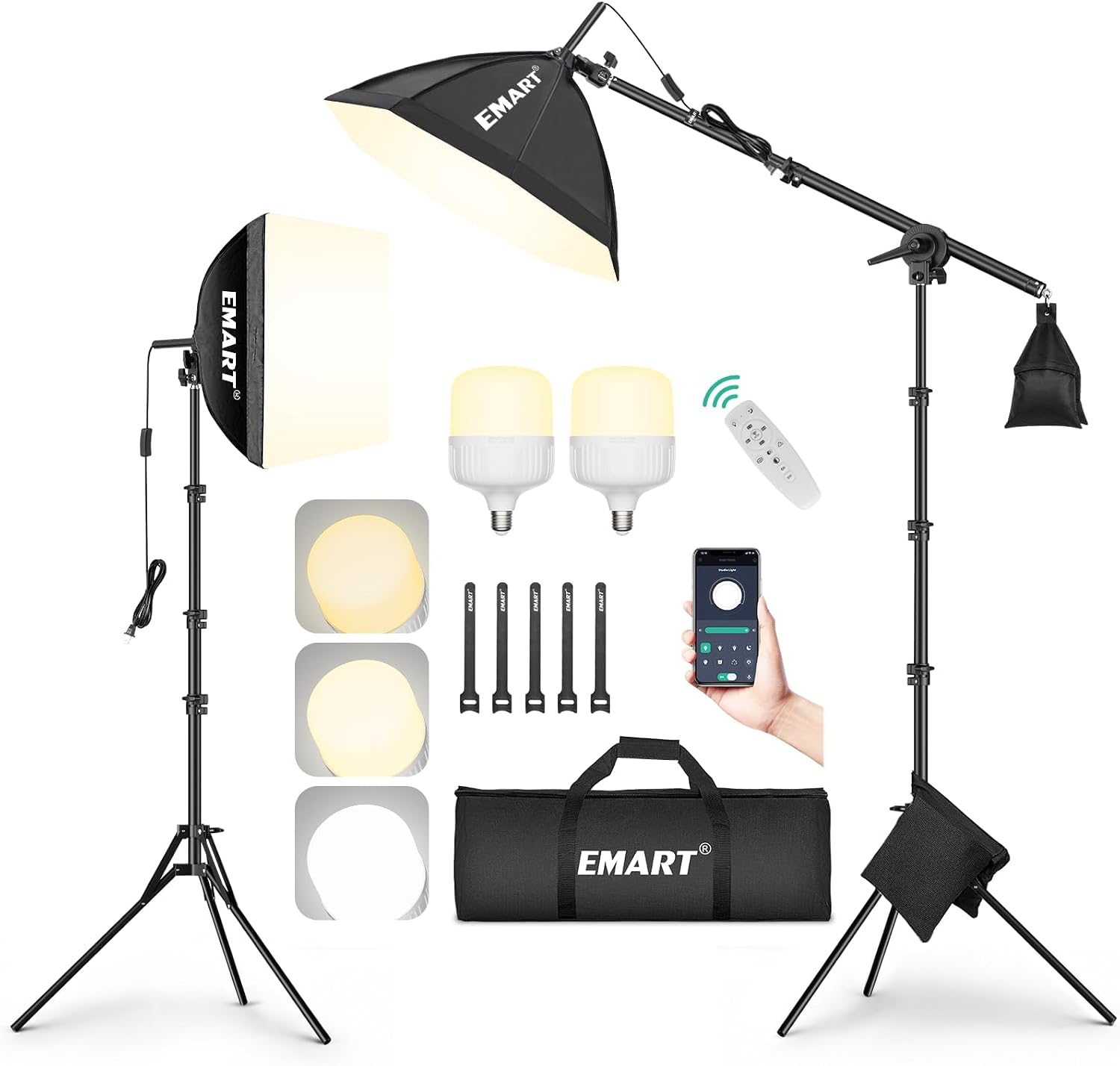 EMART two-softbox lighting kit with a boom arm, LED bulbs, remote, phone app display, cable ties and carry bag.