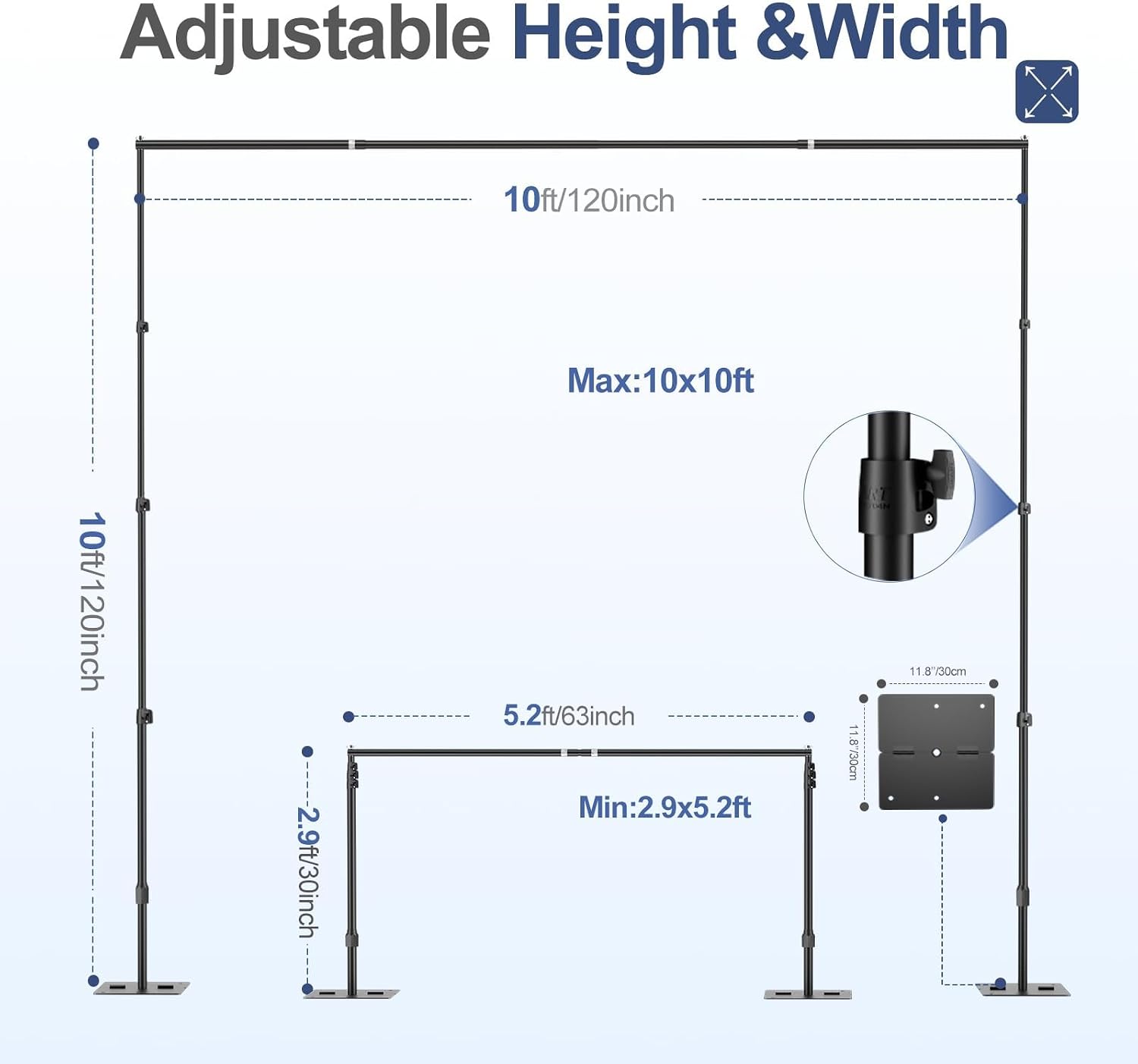 EMART flat-base backdrop stand dimension diagram showing maximum 10 by 10 foot size and minimum height and width settings.