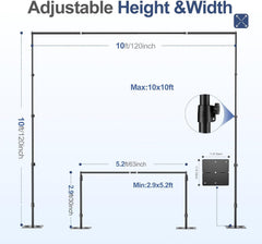 EMART flat-base backdrop stand dimension diagram showing maximum 10 by 10 foot size and minimum height and width settings.