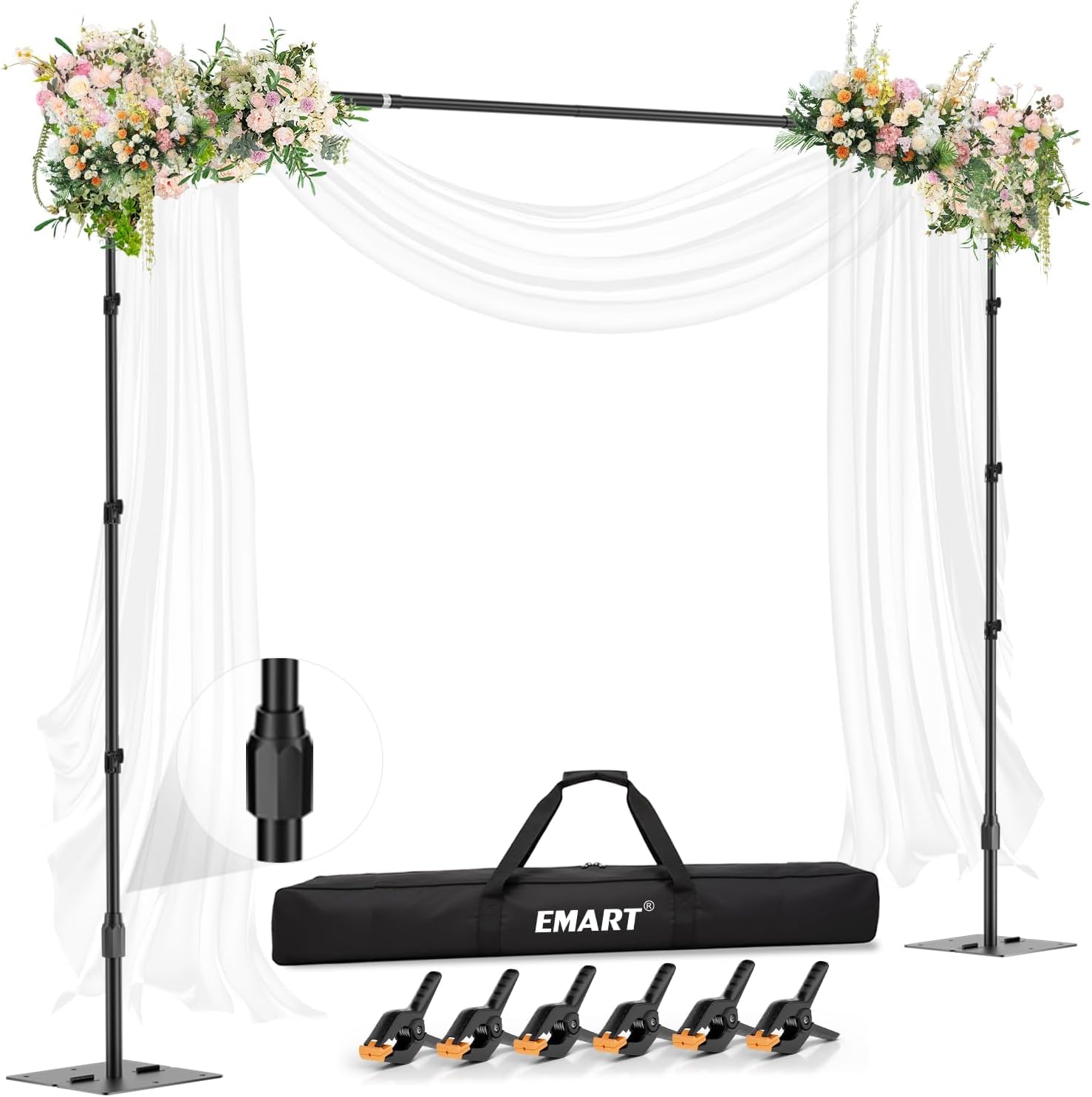 EMART flat-base backdrop stand decorated with white drapes and flowers, shown with a carrying bag and six clamps.