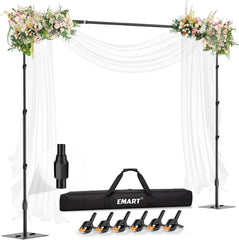 EMART flat-base backdrop stand decorated with white drapes and flowers, shown with a carrying bag and six clamps.