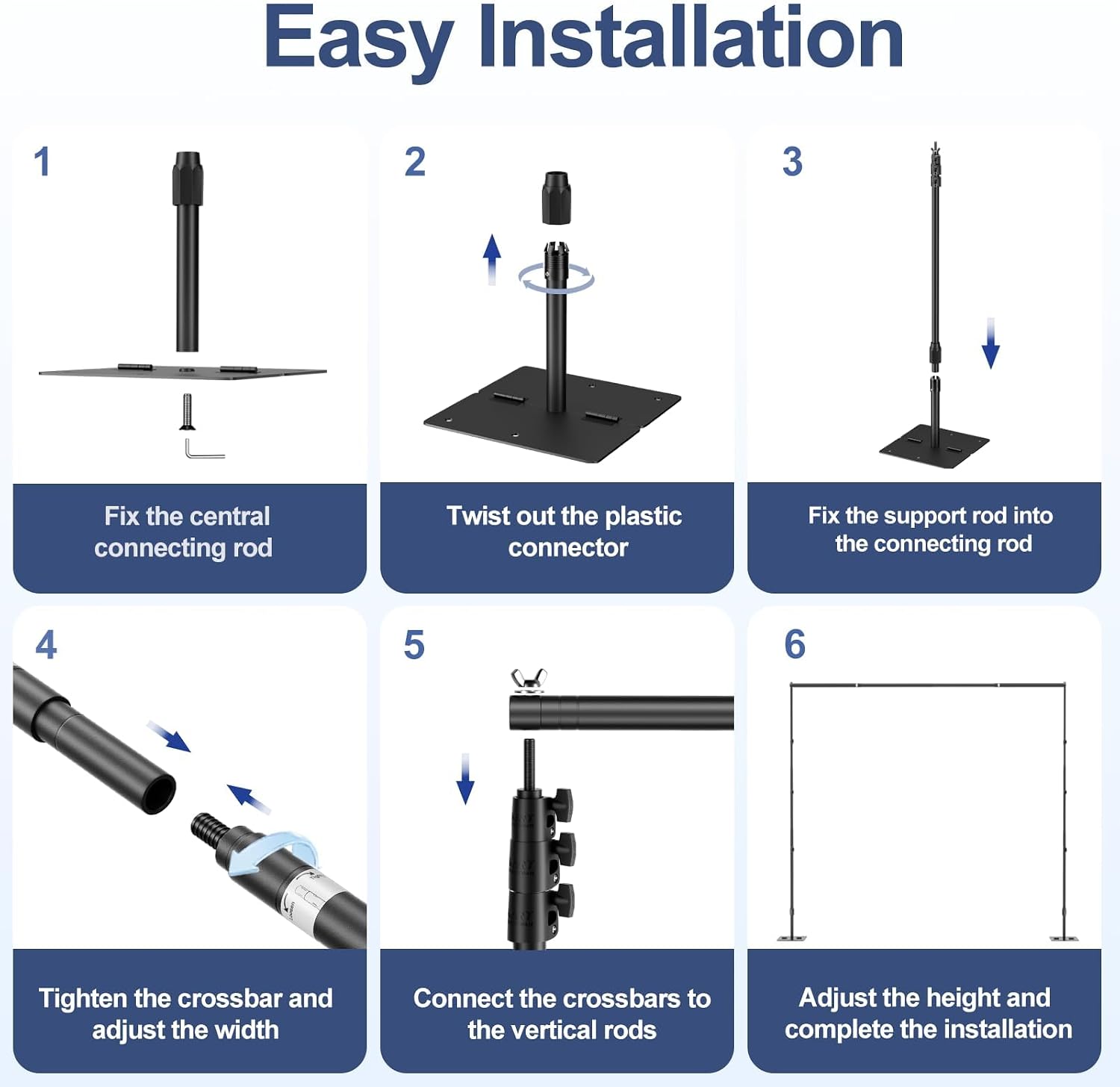 Six-step guide to assembling the EMART backdrop stand bases, connecting rods, uprights and adjustable crossbar.