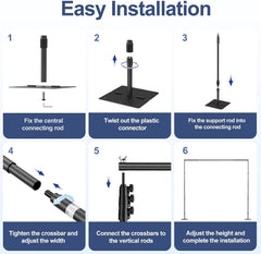 Six-step guide to assembling the EMART backdrop stand bases, connecting rods, uprights and adjustable crossbar.