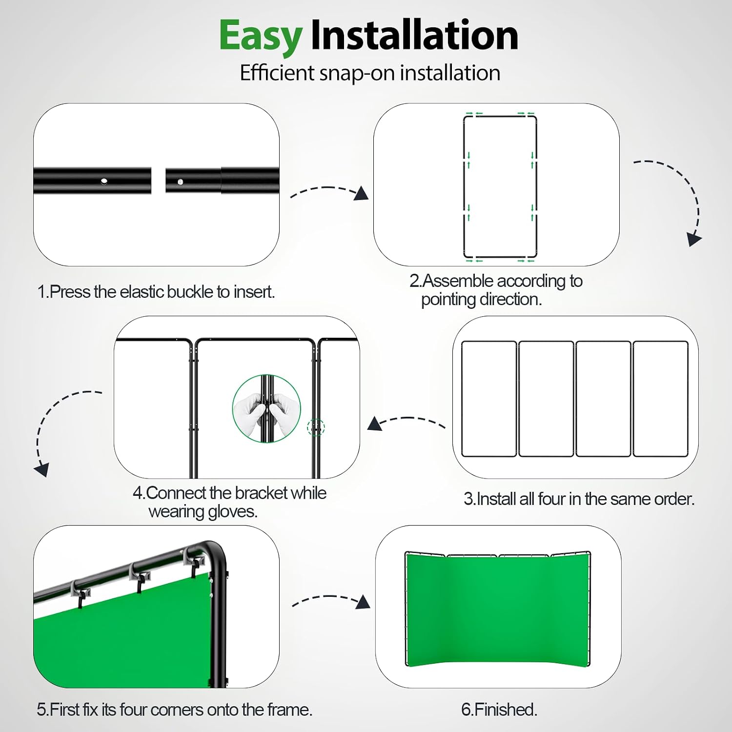 Six-step guide to assembling the EMART four-panel green screen frame and attaching the backdrop.