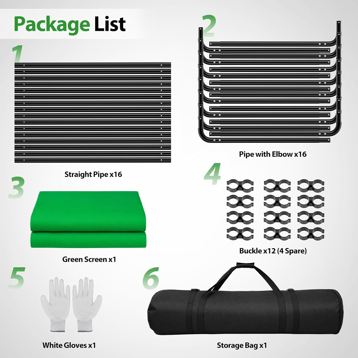EMART green screen kit contents: straight and elbow tubes, green fabric, connector buckles, gloves and carrying bag.