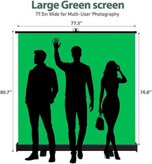 EMART green screen backdrop dimensions showing a 77.5-inch width, 76.8-inch screen height and three people for scale