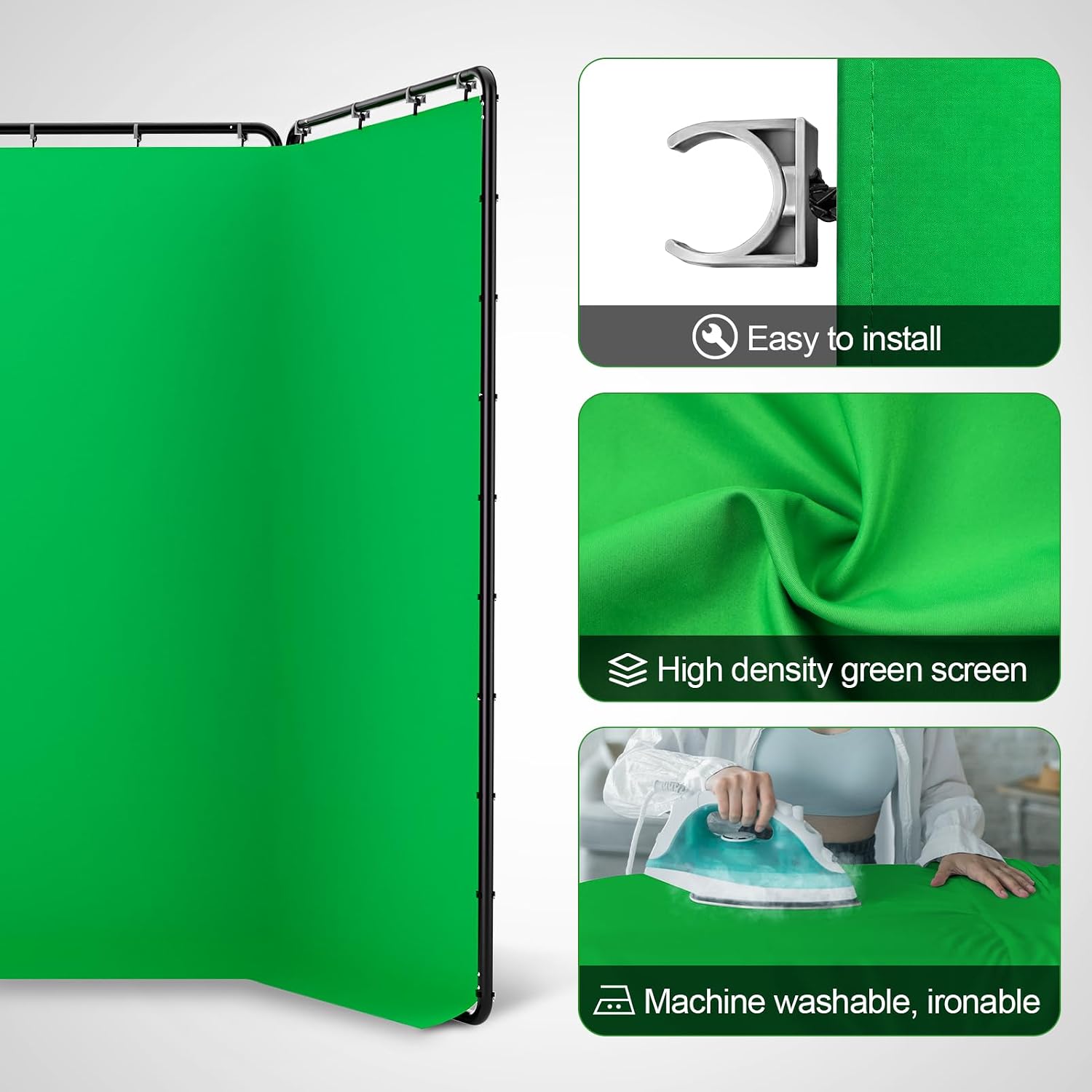 EMART green screen with close-ups of a fabric attachment clip, green cloth and ironing demonstration.