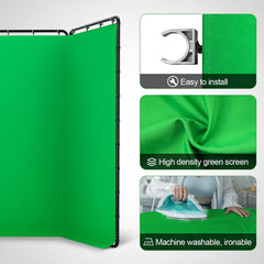EMART green screen with close-ups of a fabric attachment clip, green cloth and ironing demonstration.