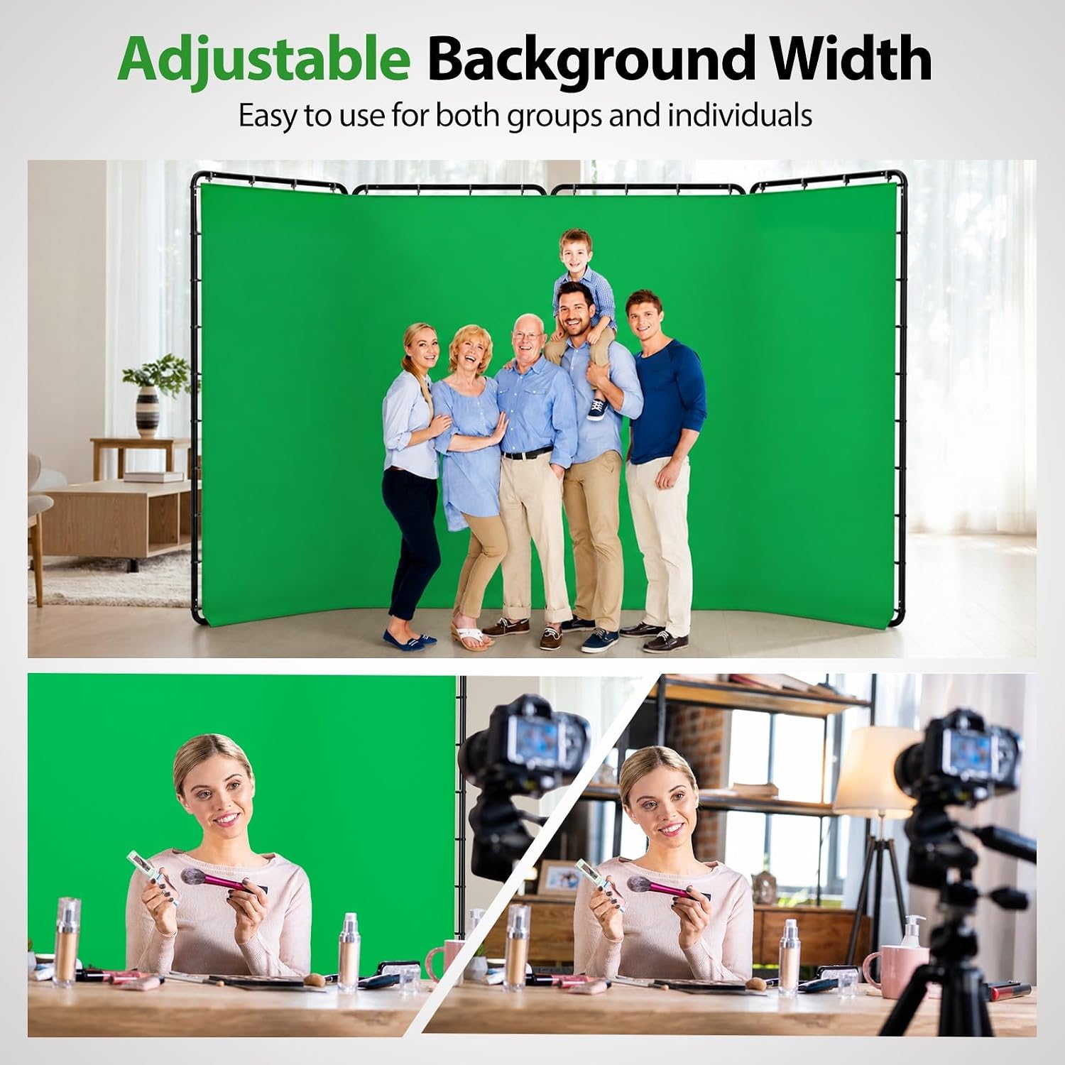 EMART folding green screen used for a family portrait and a makeup video with background replacement.
