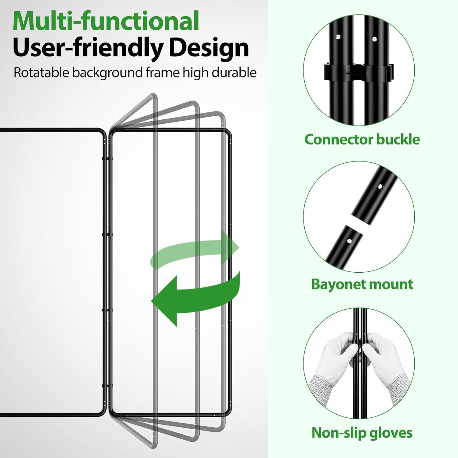 EMART folding frame rotation diagram with close-ups of connector buckles, tube joints and assembly gloves.