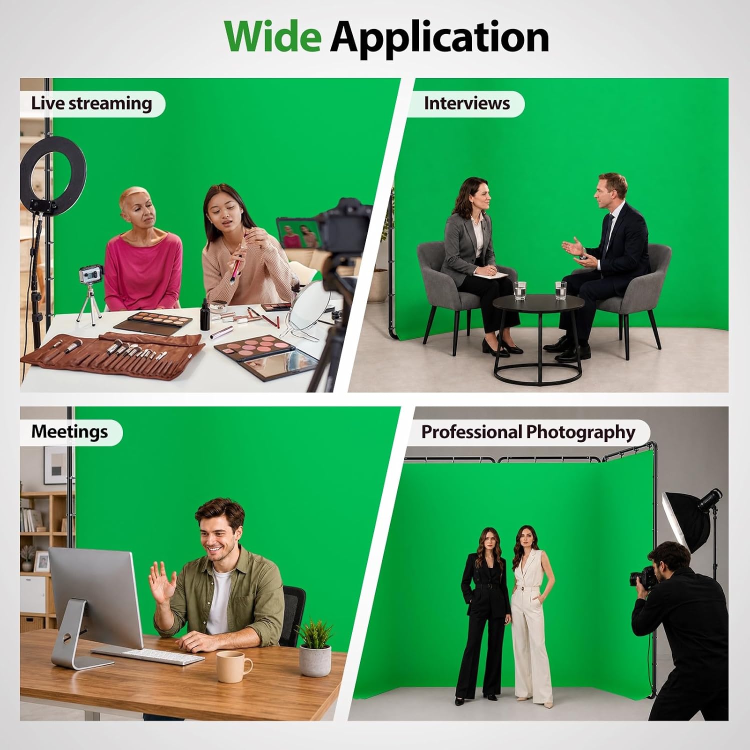 EMART green screen shown in livestreaming, interview, video meeting and studio photography setups.