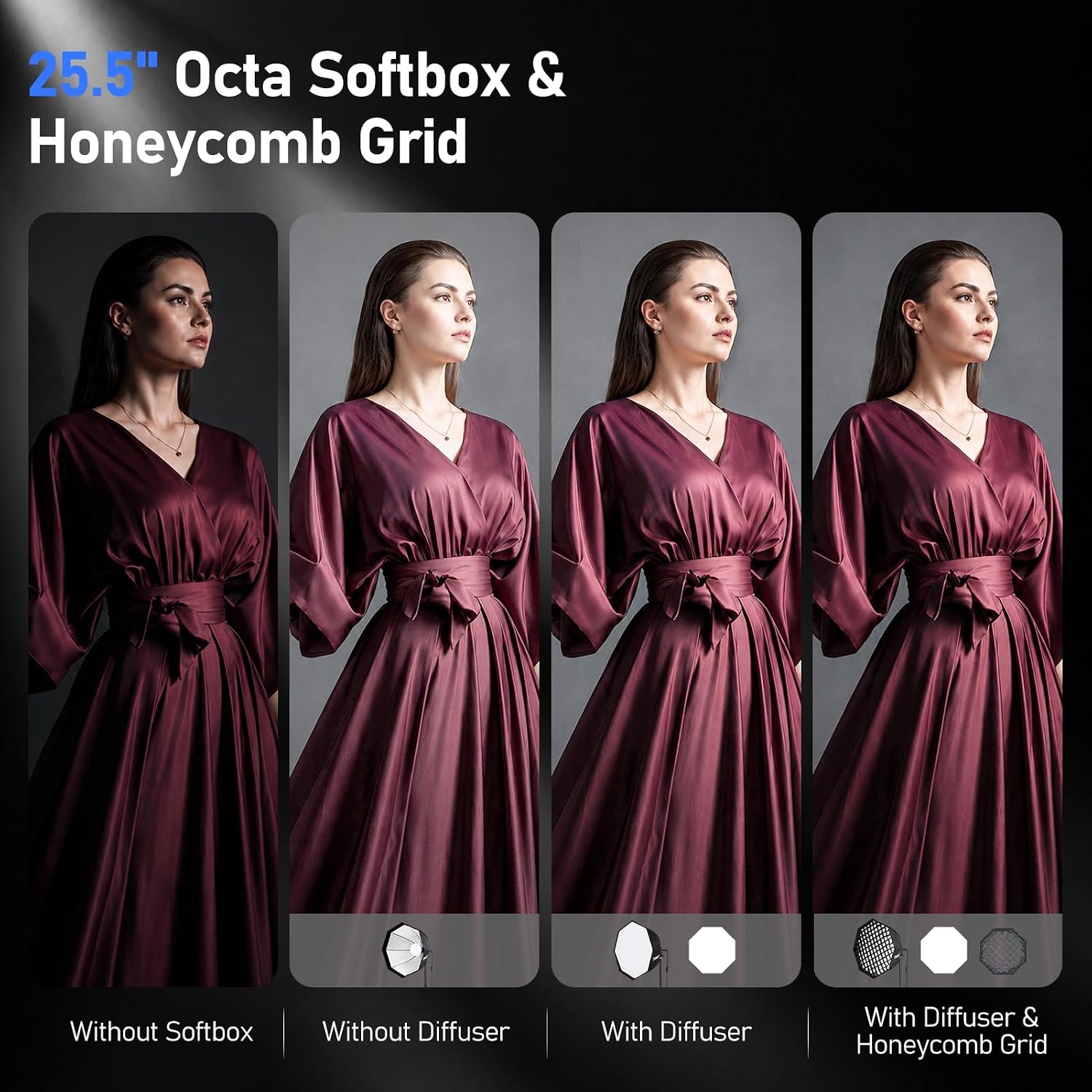 Four portraits comparing no softbox, no diffuser, a diffuser, and a diffuser with a honeycomb grid.