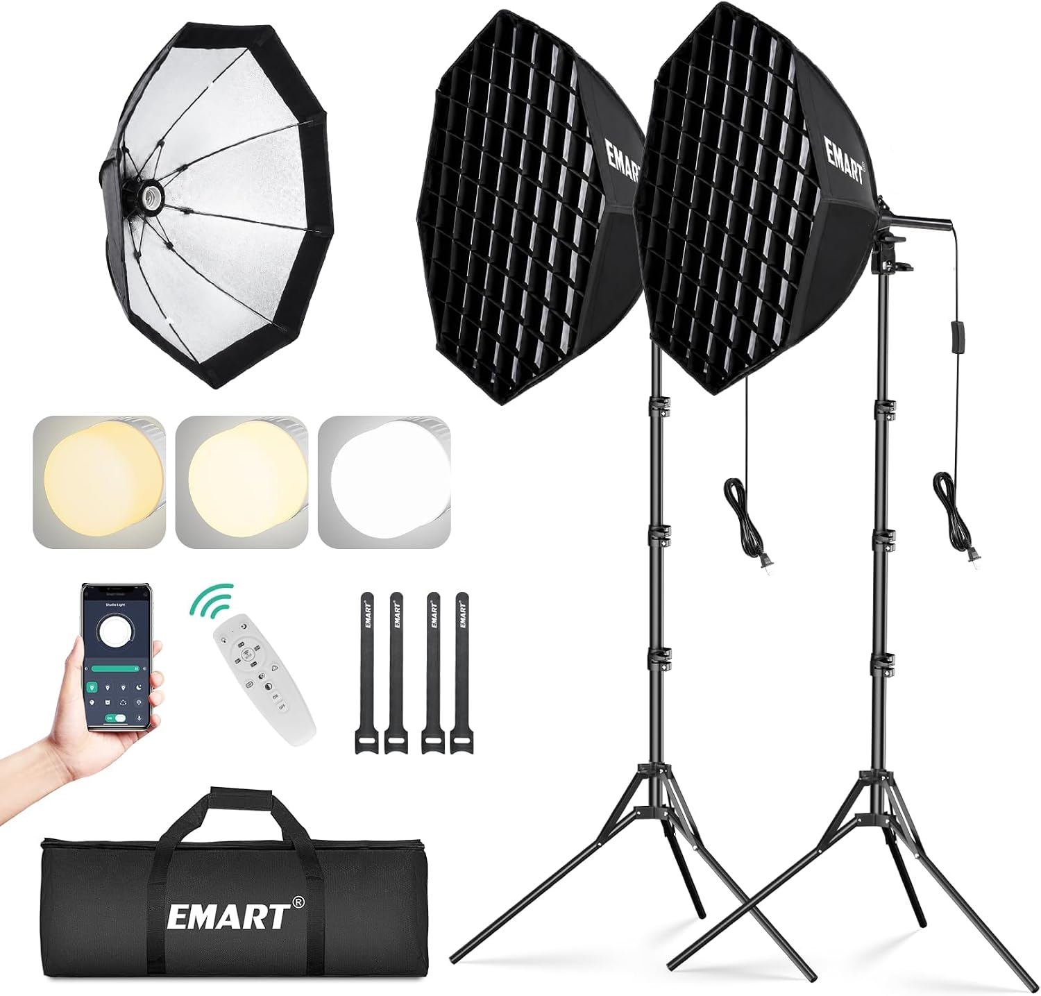 EMART two-light octagonal softbox kit with honeycomb grids, stands, remote control and carrying bag