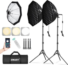 EMART two-light octagonal softbox kit with honeycomb grids, stands, remote control and carrying bag