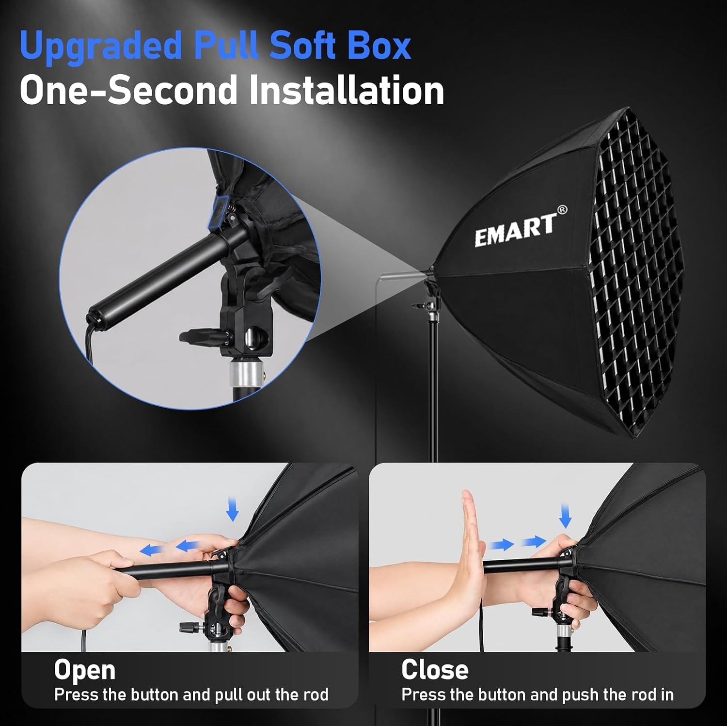 EMART octagonal softbox with a honeycomb grid and close-ups showing the pull-rod opening and closing mechanism.