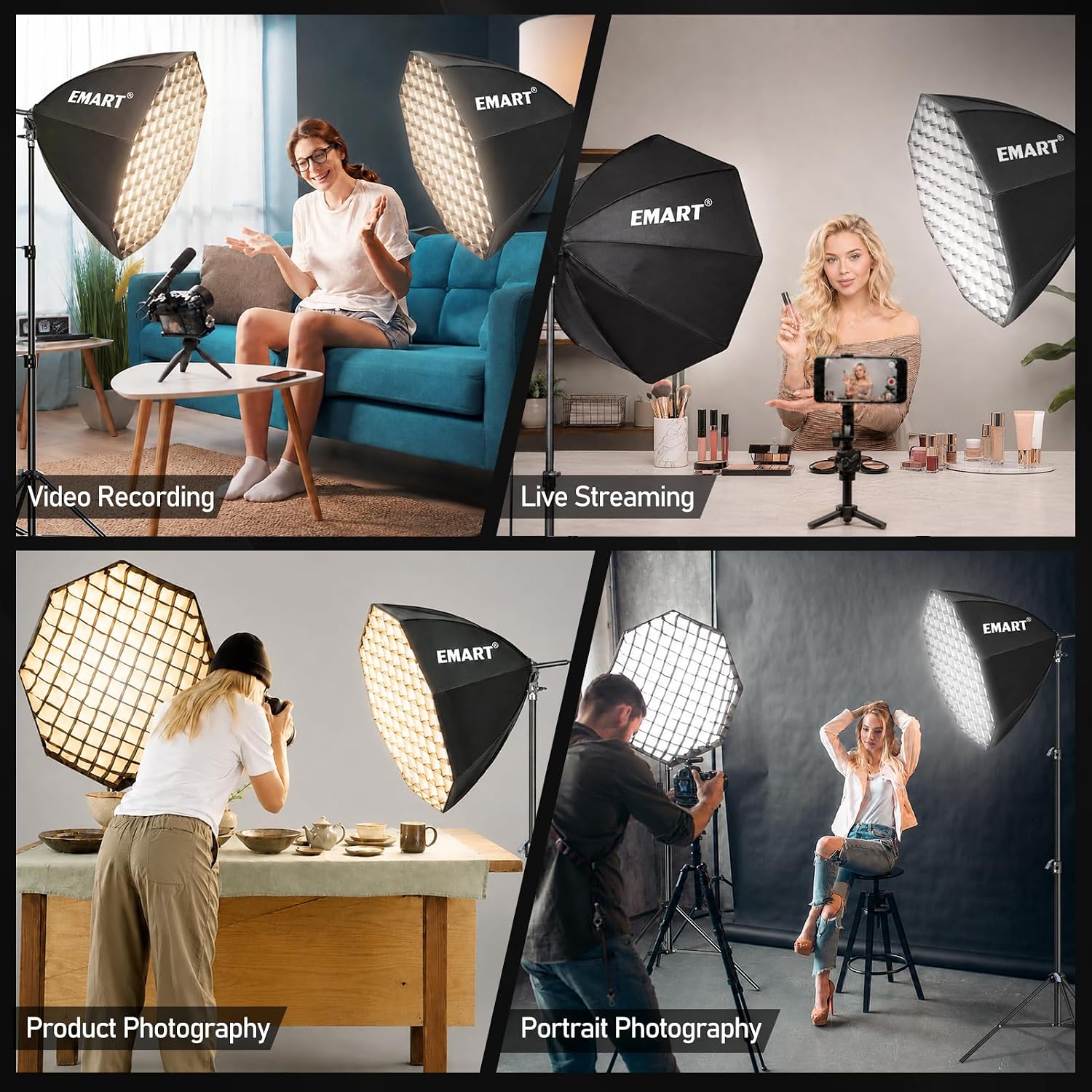 EMART octagonal softboxes used for video recording, beauty livestreaming, product photography and portraits.