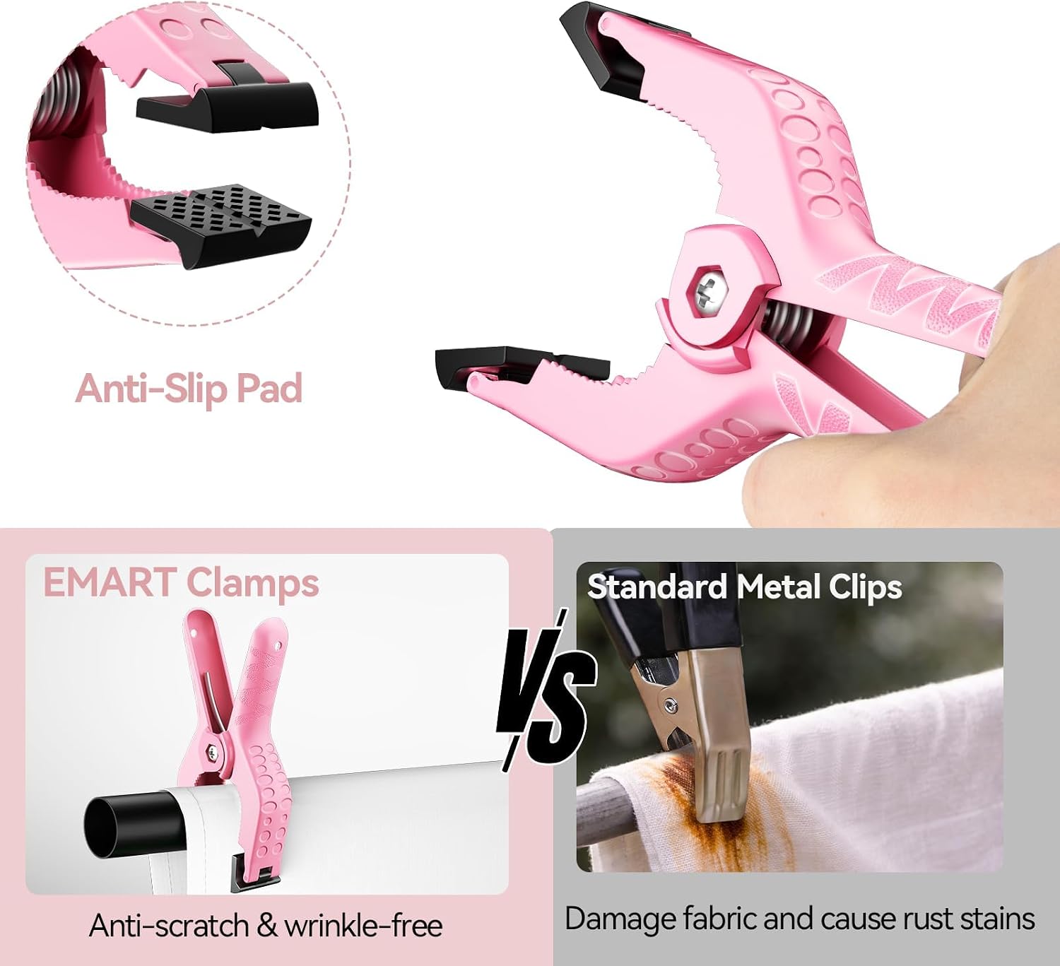 EMART pink spring clamp grip pad close-up and a backdrop-holding comparison with a standard metal clip.