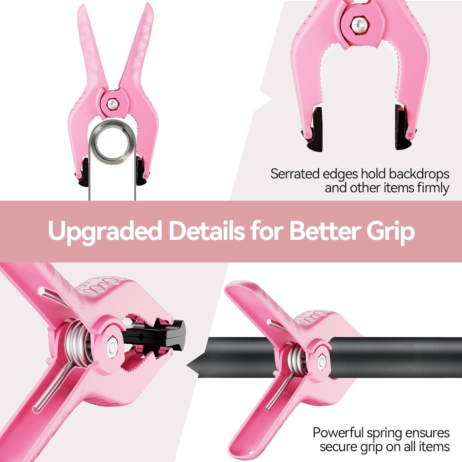 EMART pink spring clamp gripping poles, with close-ups of serrated jaws and the metal spring.