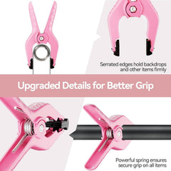 EMART pink spring clamp gripping poles, with close-ups of serrated jaws and the metal spring.